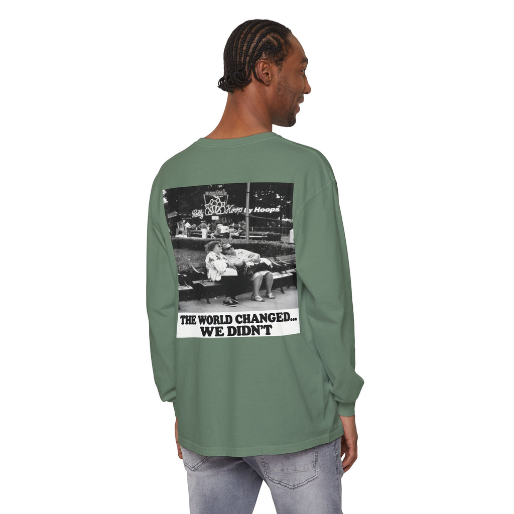 Nostalgic Americana Old Woman Sitting on Bench Long Sleeve T-Shirt | Retro Humor