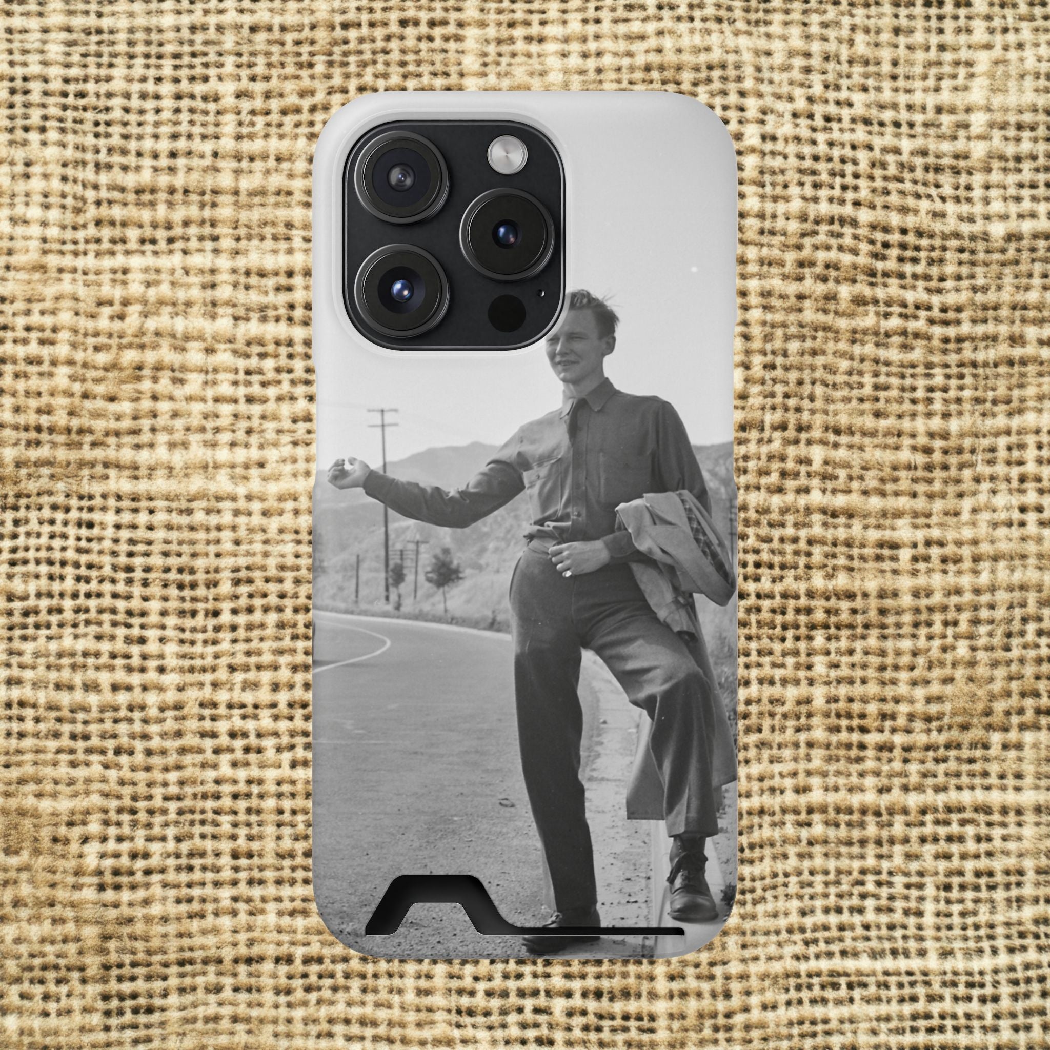 Vintage Hitchhiker Photo Phone Case with Card Holder | Retro Black and White Monochrome photo | masculine case for phone | gift for artist