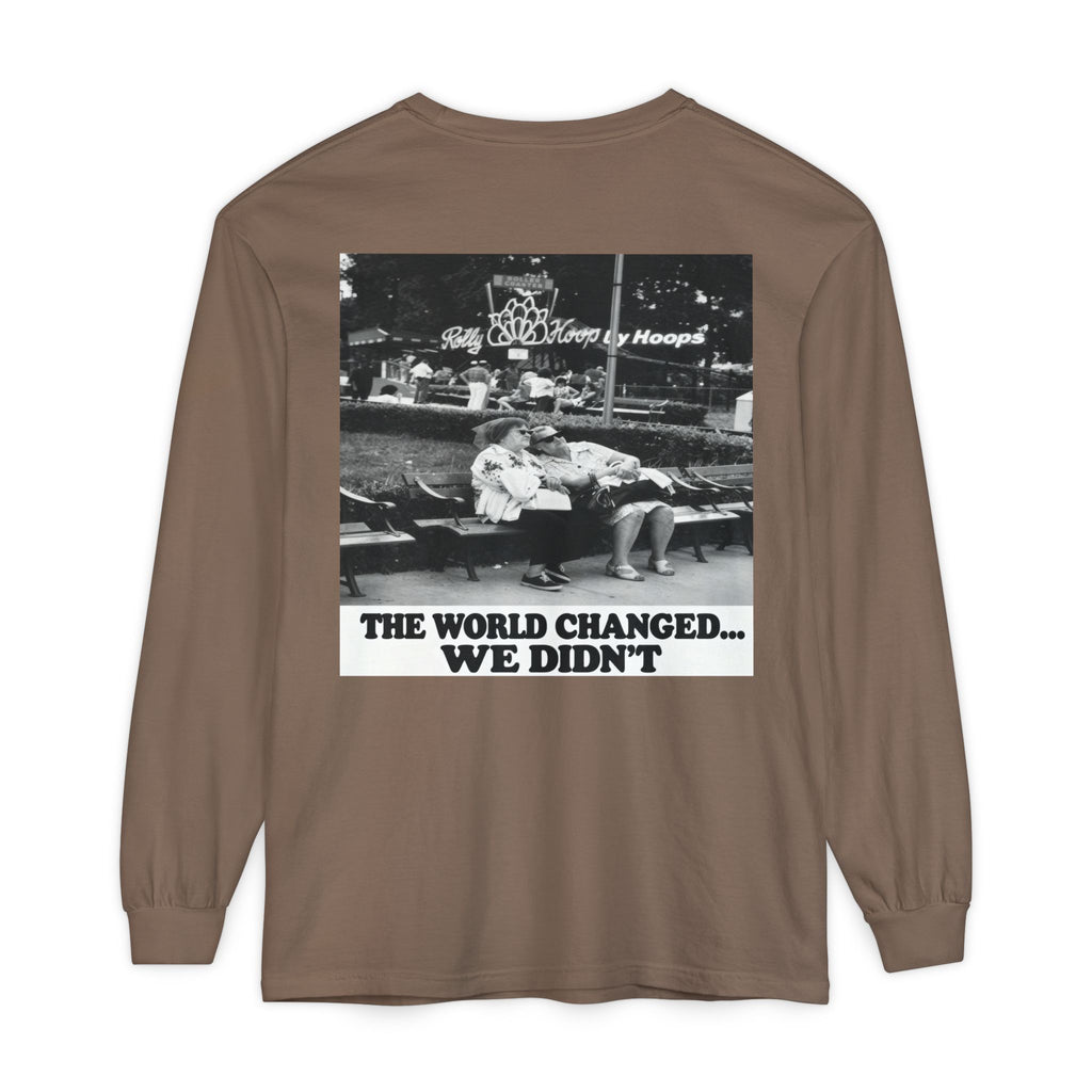 Nostalgic Americana Old Woman Sitting on Bench Long Sleeve T-Shirt | Retro Humor