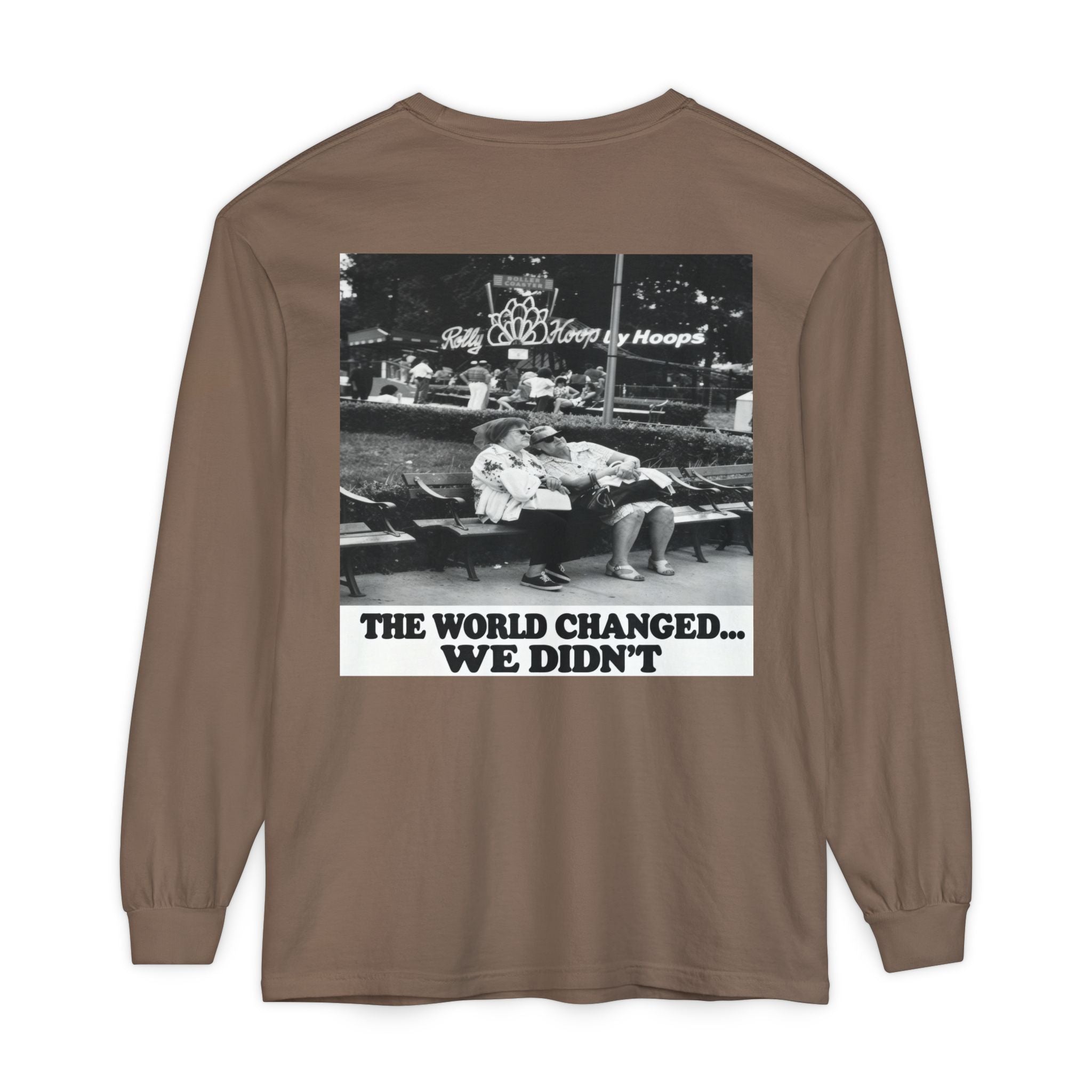 Nostalgic Americana Old Woman Sitting on Bench Long Sleeve T-Shirt | Retro Humor