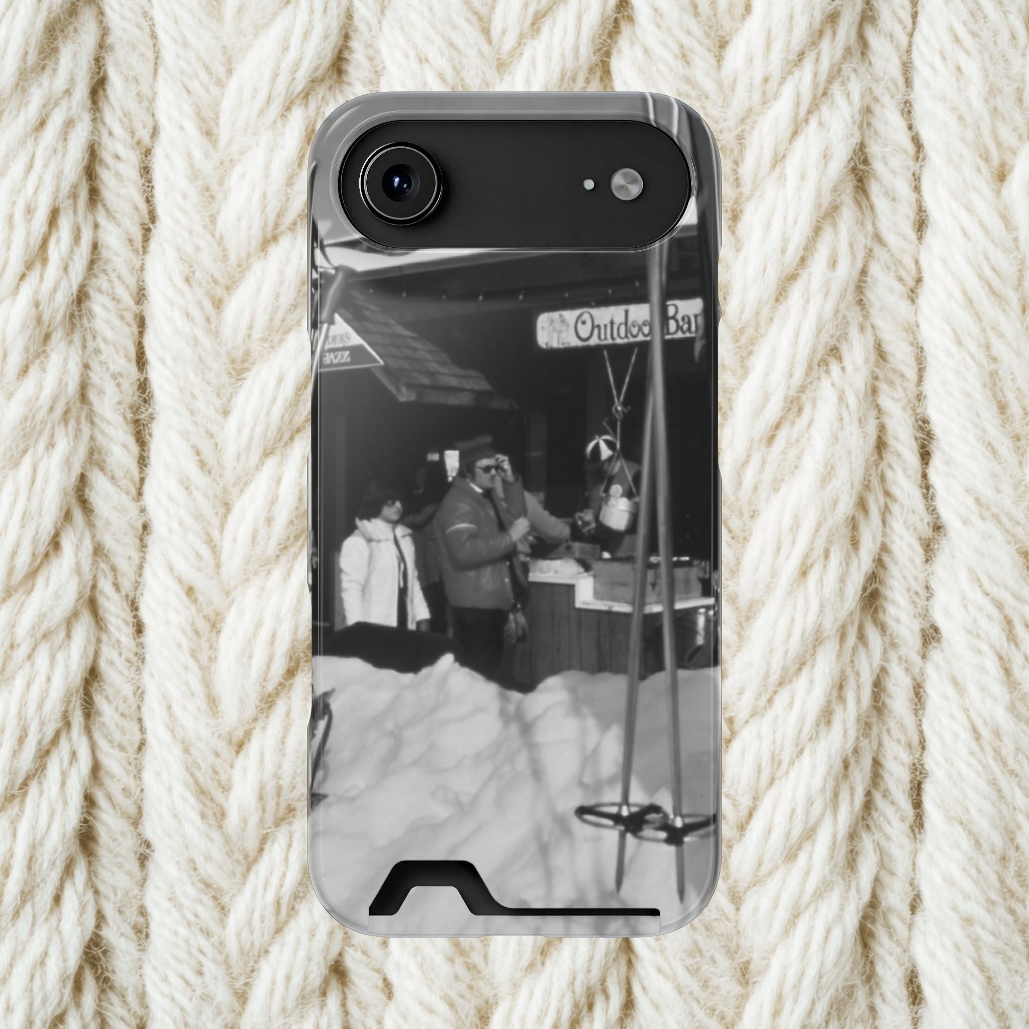Vintage Ski Lodge Photo Phone Case with Card Holder | Black White Winter Scene Iphone 17 16 15 | Monochome americana