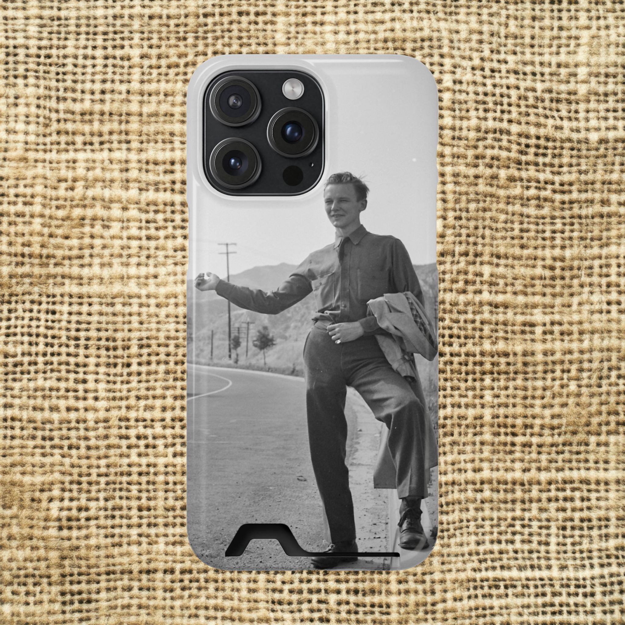 Vintage Hitchhiker Photo Phone Case with Card Holder | Retro Black and White Monochrome photo | masculine case for phone | gift for artist