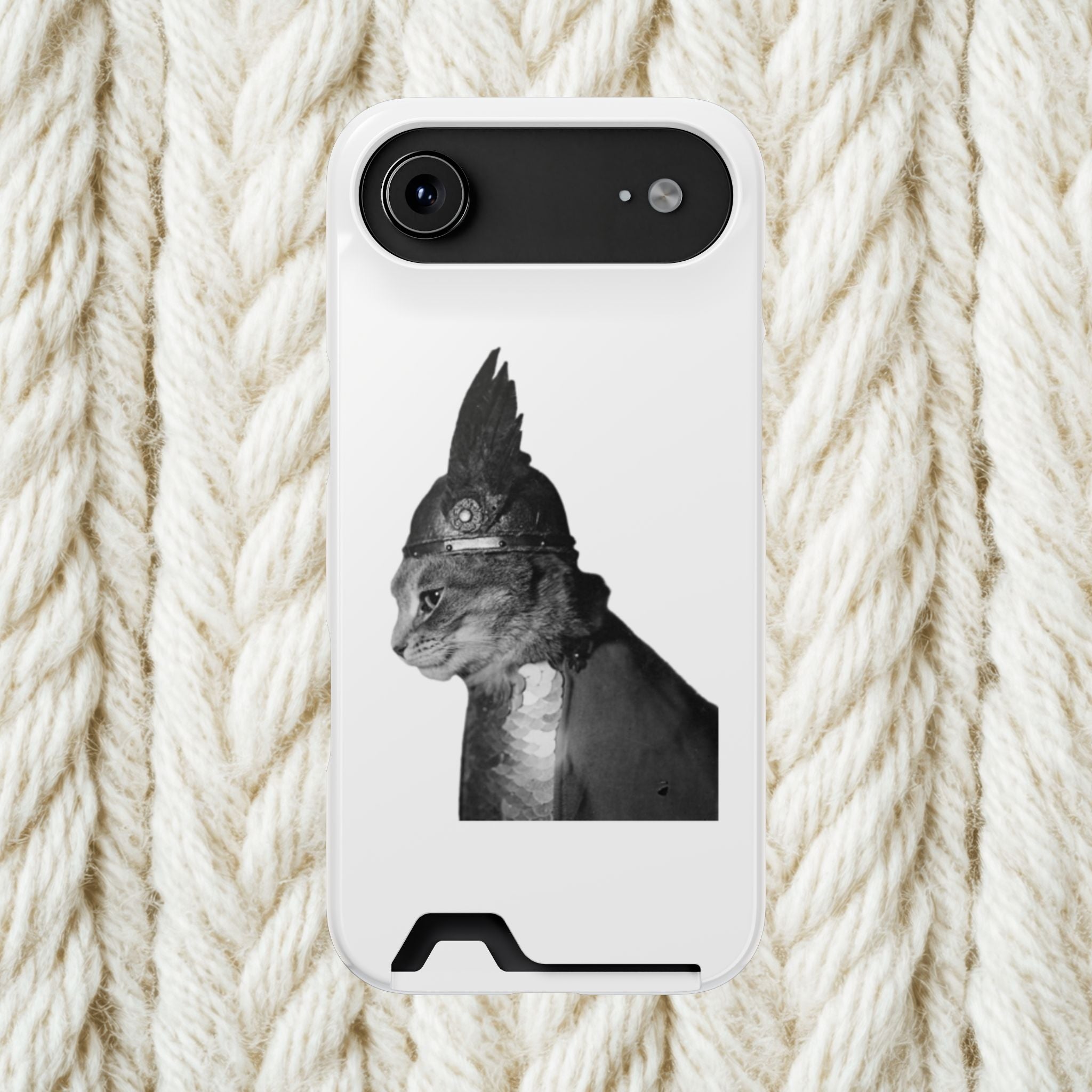 Monochrome Steampunk Cat Portrait Phone Case with Card Holder | Retro Mechanical Feline | cat gladiator helmet | cat mom dad | minimalism