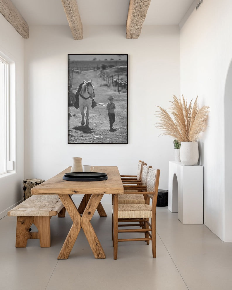 Vintage Farm Boy with Horse Photograph | Rural Americana Wall Art | Black & White Farm Life Print | Rustic Country Decor