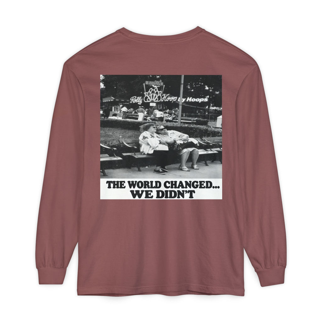 Nostalgic Americana Old Woman Sitting on Bench Long Sleeve T-Shirt | Retro Humor