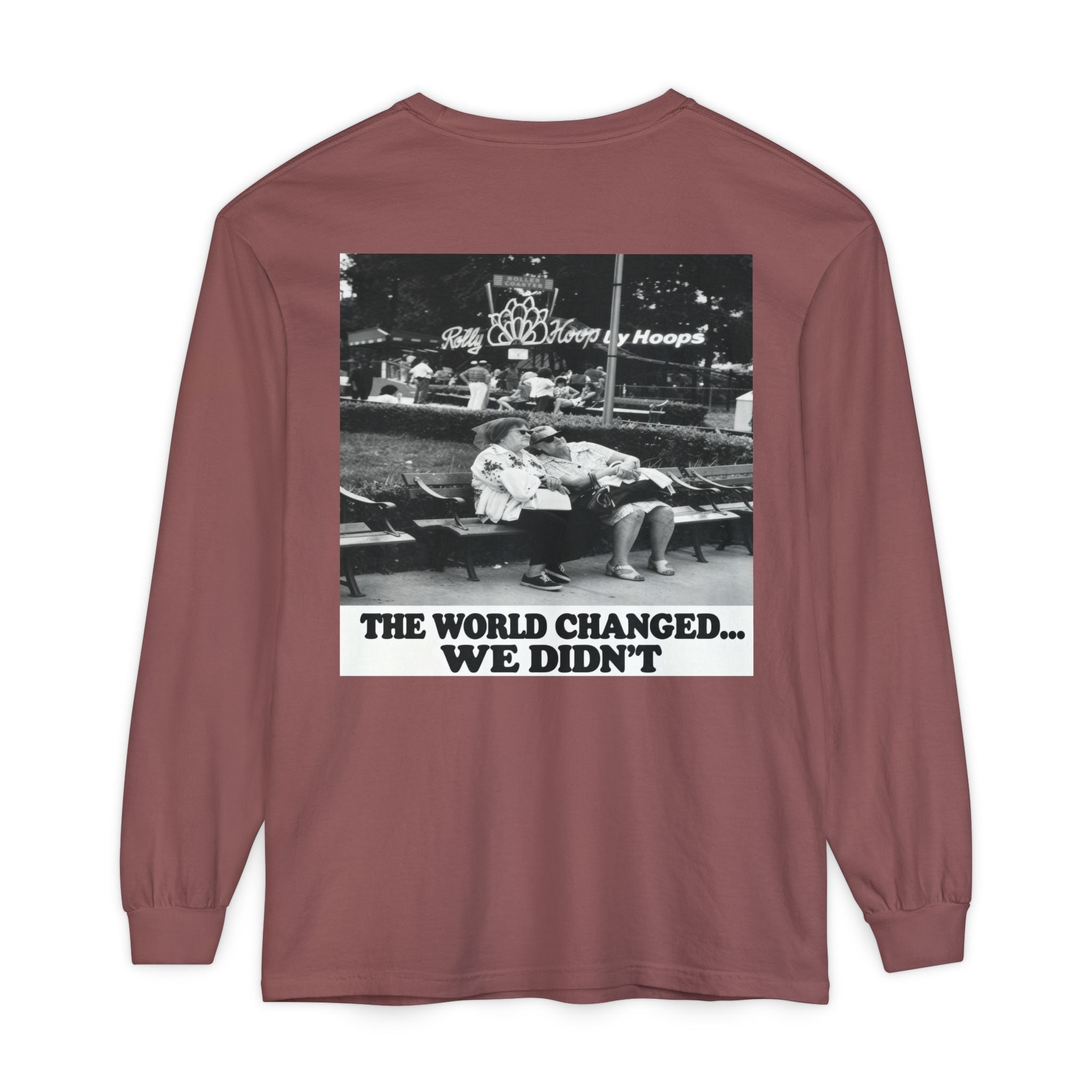 Nostalgic Americana Old Woman Sitting on Bench Long Sleeve T-Shirt | Retro Humor