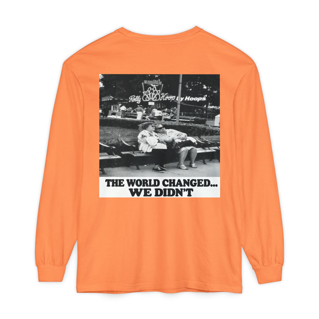 Nostalgic Americana Old Woman Sitting on Bench Long Sleeve T-Shirt | Retro Humor
