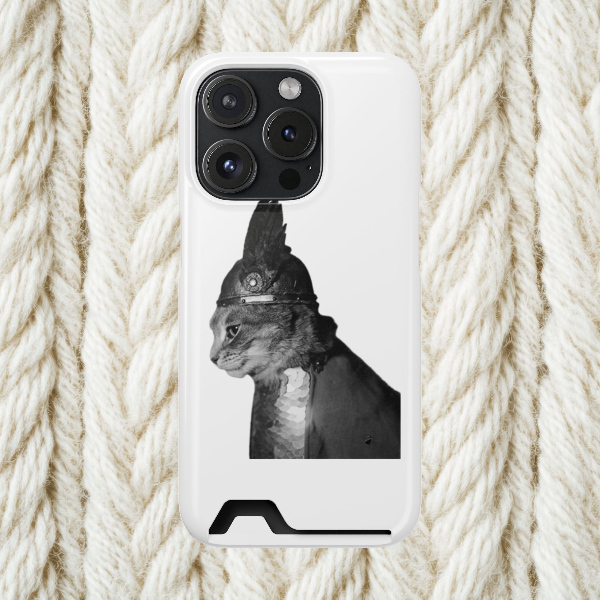 Monochrome Steampunk Cat Portrait Phone Case with Card Holder | Retro Mechanical Feline | cat gladiator helmet | cat mom dad | minimalism
