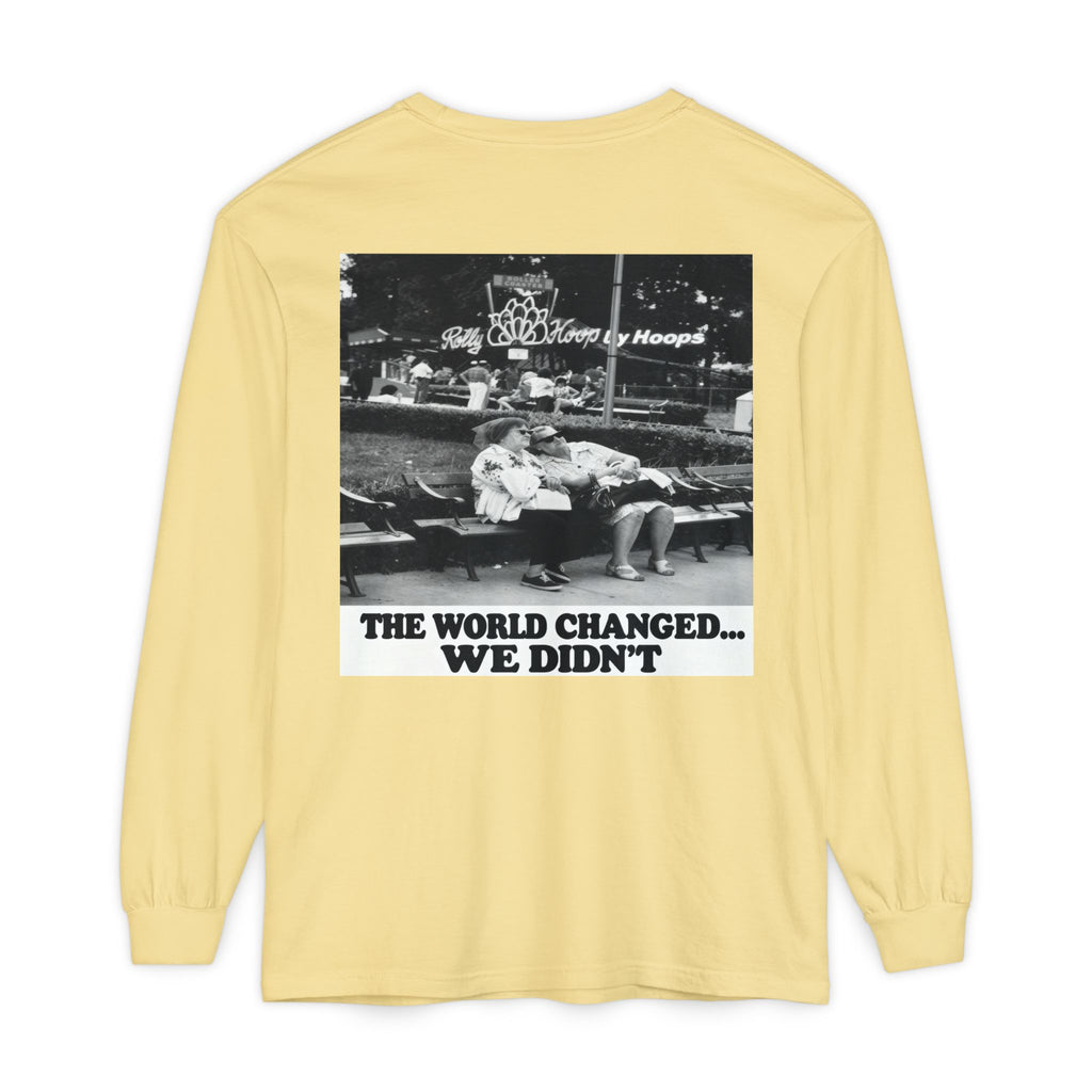Nostalgic Americana Old Woman Sitting on Bench Long Sleeve T-Shirt | Retro Humor