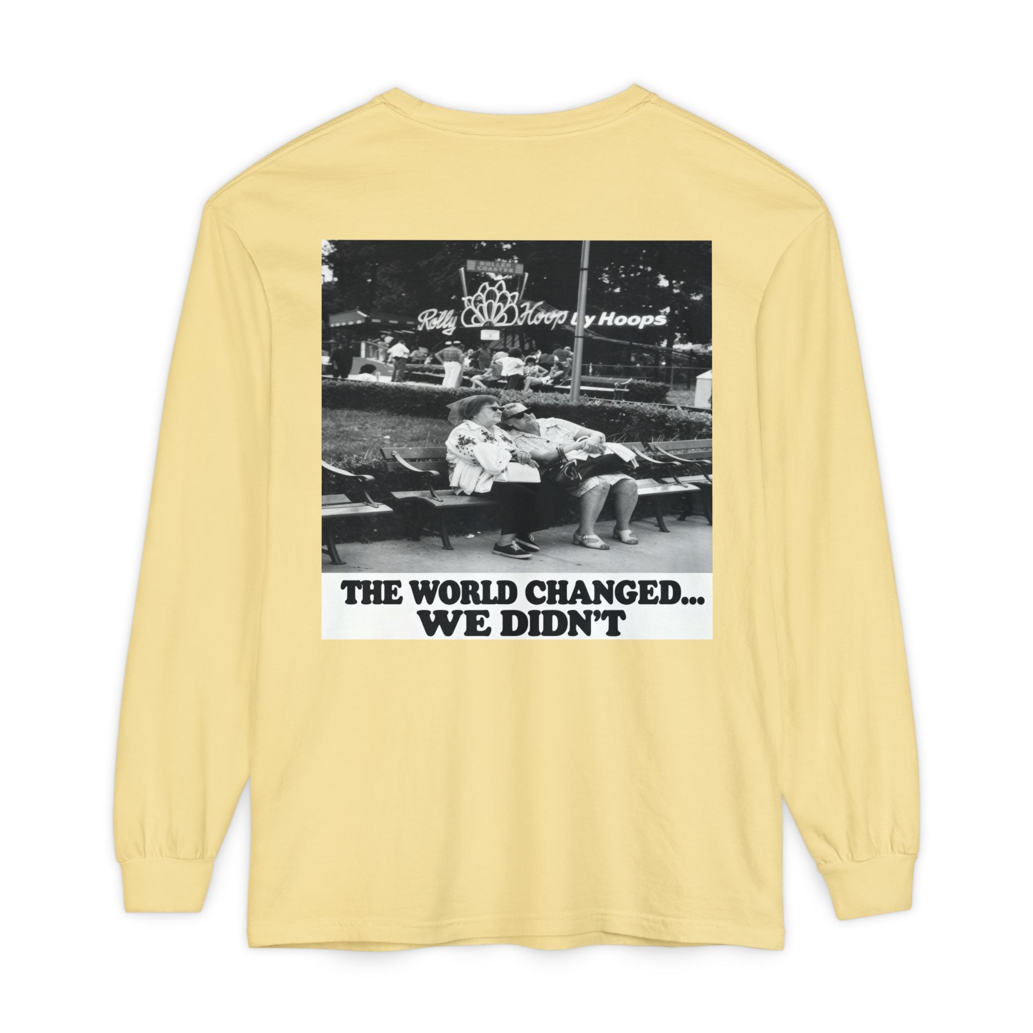 Nostalgic Americana Old Woman Sitting on Bench Long Sleeve T-Shirt | Retro Humor