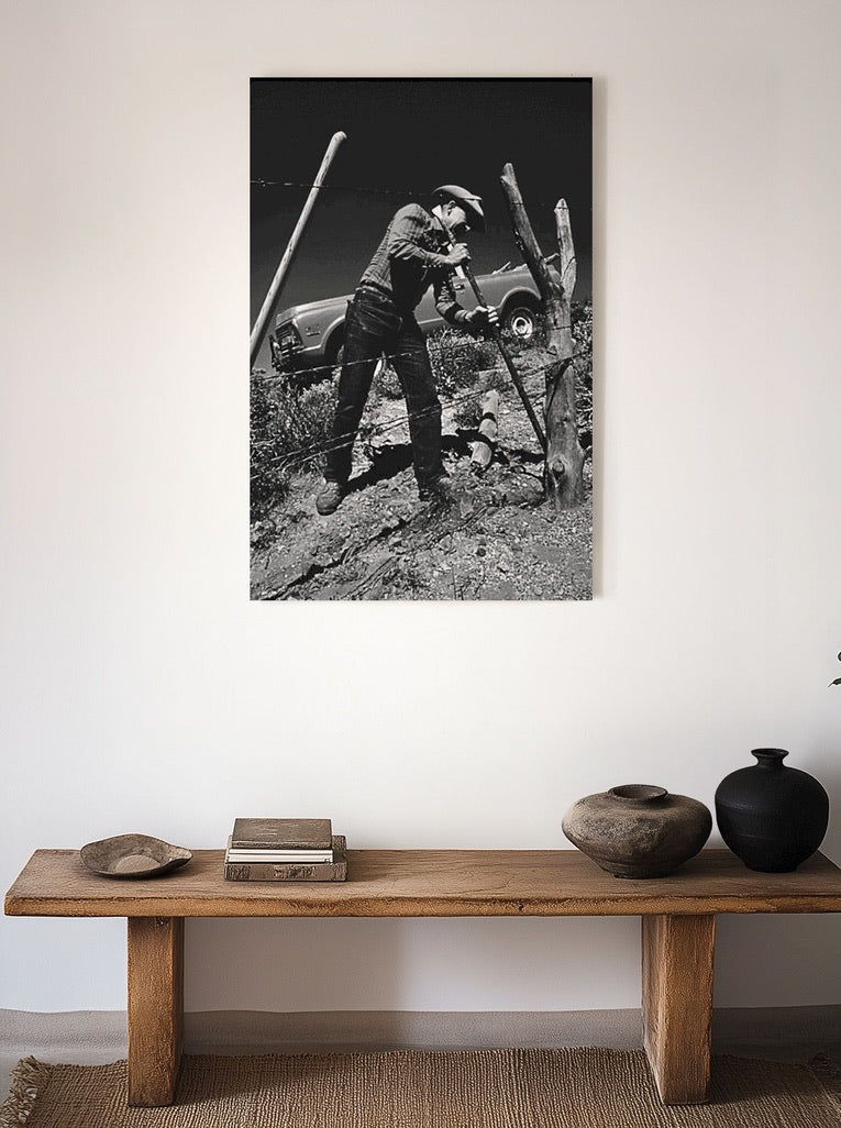Vintage Cowboy Fence Repair Photograph | Western Ranch Wall Art | Black & White Cowboy Photography | Rustic Americana Decor