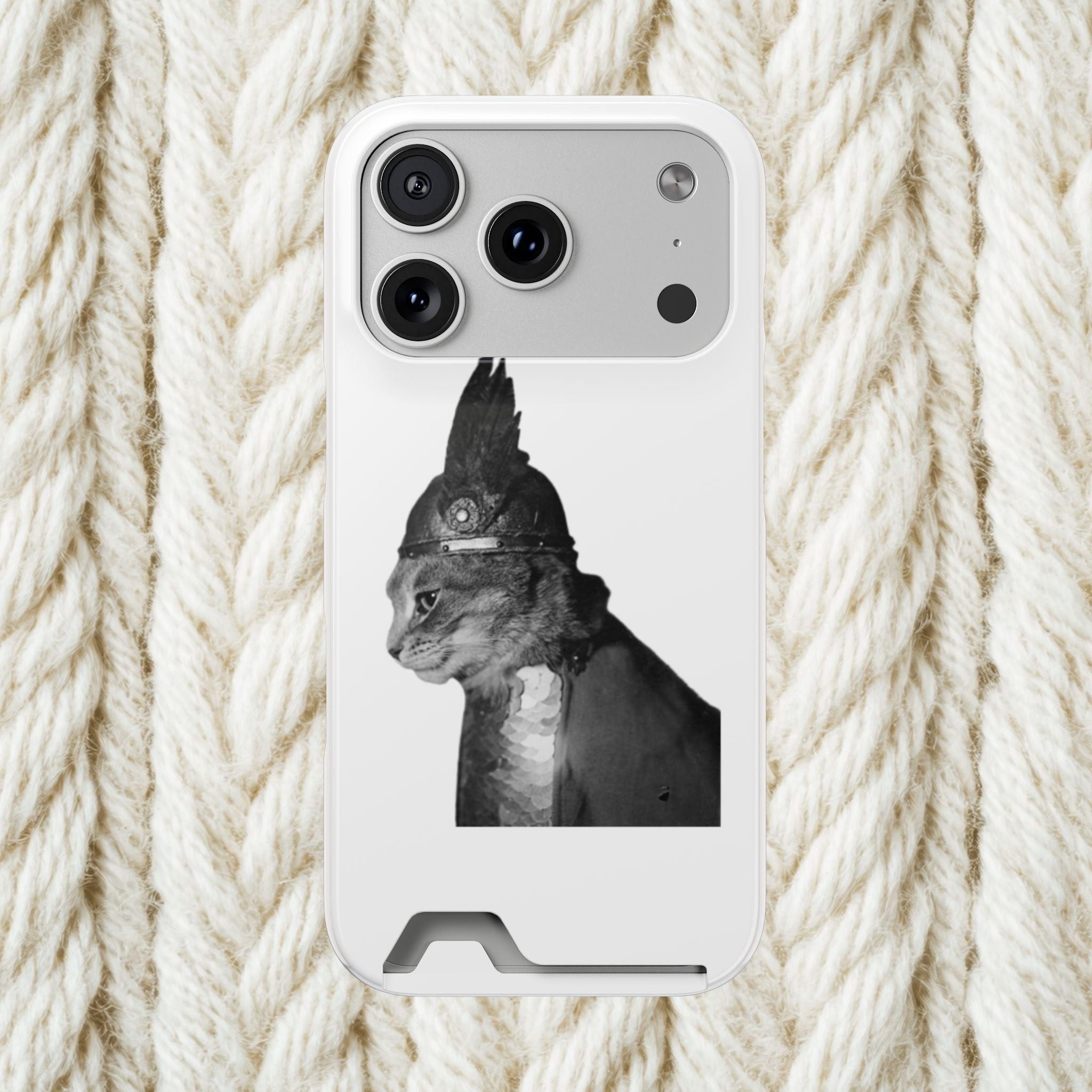 Monochrome Steampunk Cat Portrait Phone Case with Card Holder | Retro Mechanical Feline | cat gladiator helmet | cat mom dad | minimalism