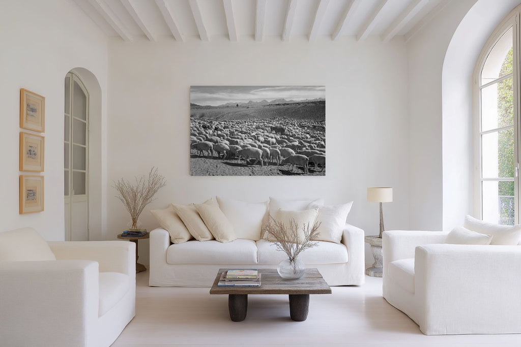 Ansel Adams Sheep Herd Landscape | Vintage Western Ranch Photography | Black & White Farm Scene | Rustic Western Wall Art