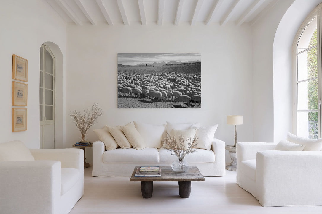 Ansel Adams Sheep Herd Landscape | Vintage Western Ranch Photography | Black & White Farm Scene | Rustic Western Wall Art