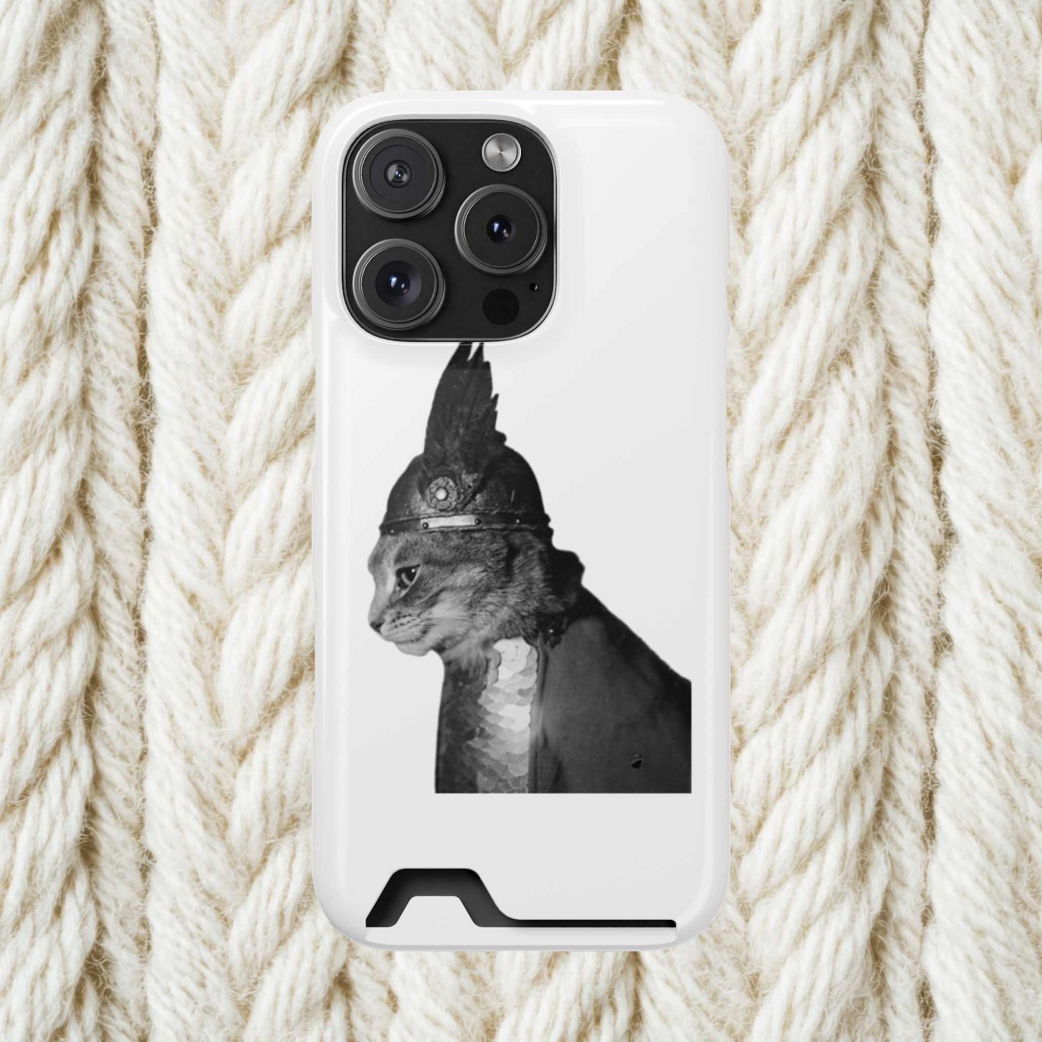 Monochrome Steampunk Cat Portrait Phone Case with Card Holder | Retro Mechanical Feline | cat gladiator helmet | cat mom dad | minimalism