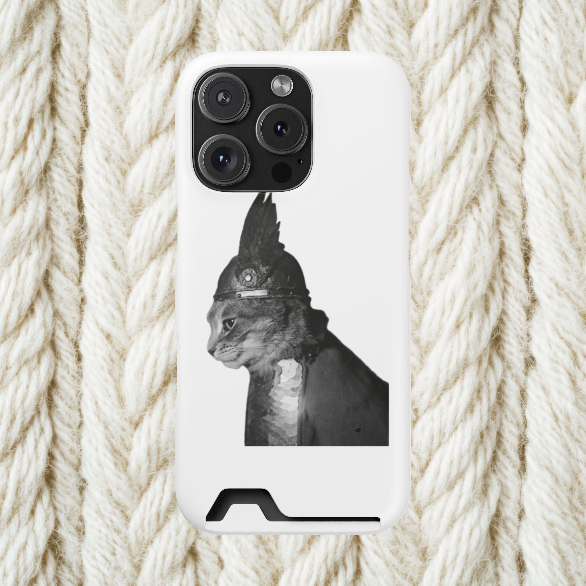 Monochrome Steampunk Cat Portrait Phone Case with Card Holder | Retro Mechanical Feline | cat gladiator helmet | cat mom dad | minimalism