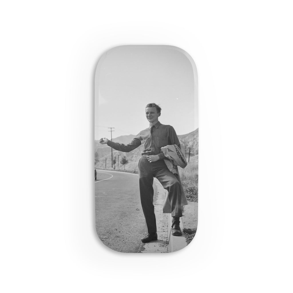 Vintage Hitchhiker Photo Phone Click-On Grip | Retro Black and White Monochrome masculine image | matching phone accessories