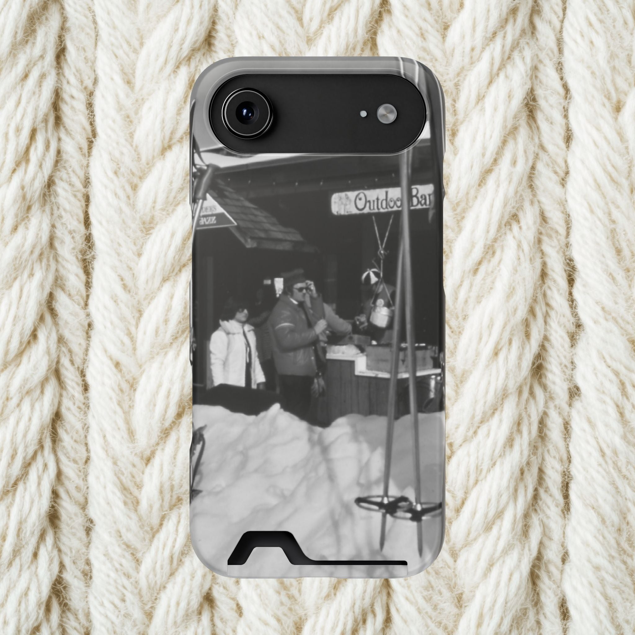 Vintage Ski Lodge Photo Phone Case with Card Holder | Black White Winter Scene Iphone 17 16 15 | Monochome americana
