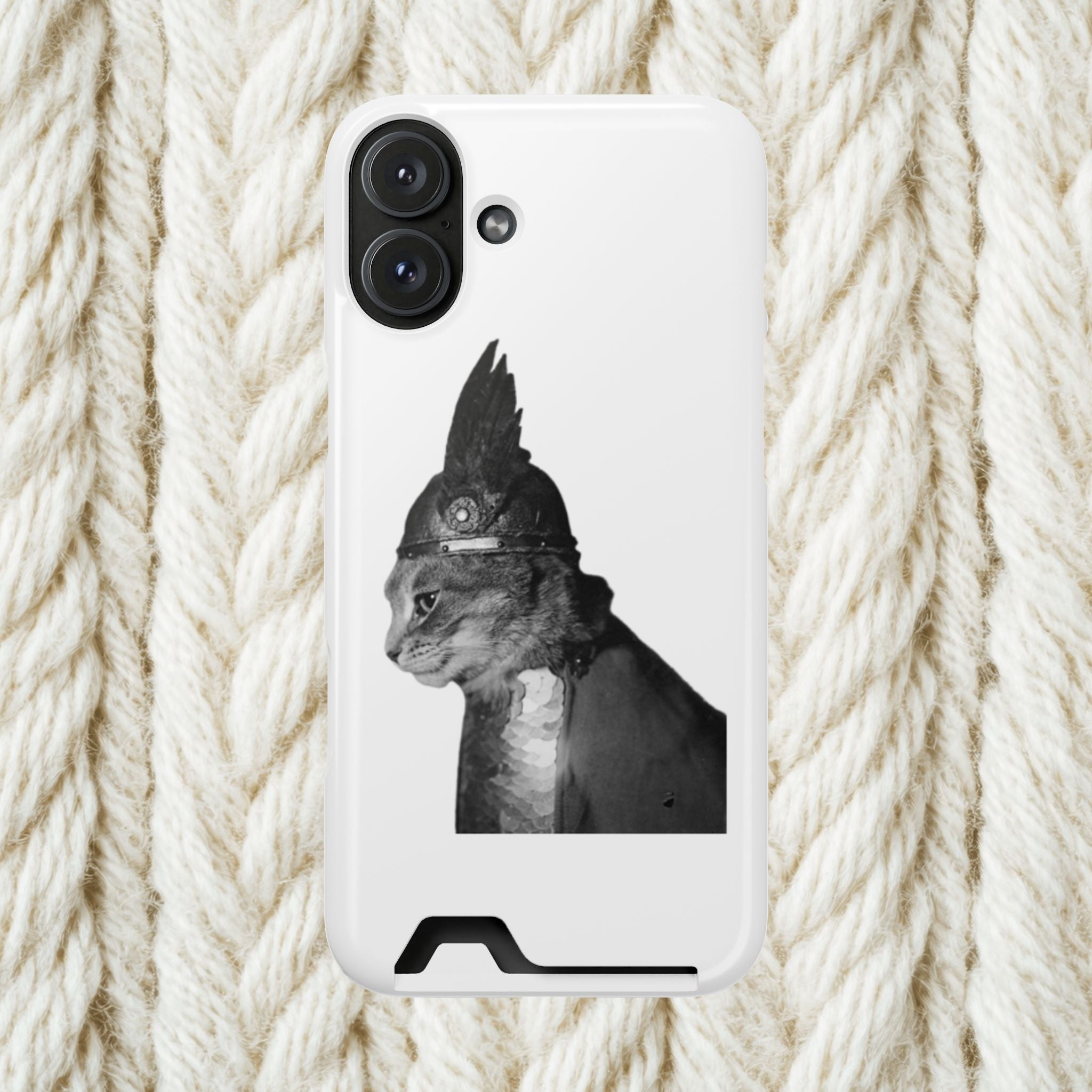 Monochrome Steampunk Cat Portrait Phone Case with Card Holder | Retro Mechanical Feline | cat gladiator helmet | cat mom dad | minimalism