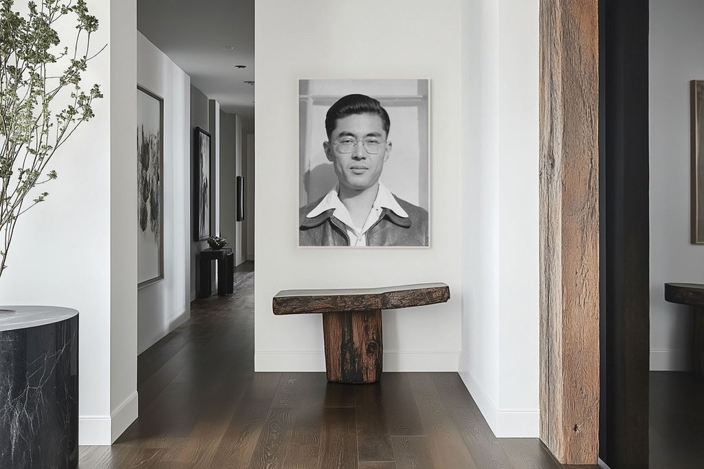 Ansel Adams Manzanar Portrait (1943) | Japanese American History Photo |  Black & White Giclée Wall Art | industrial interior