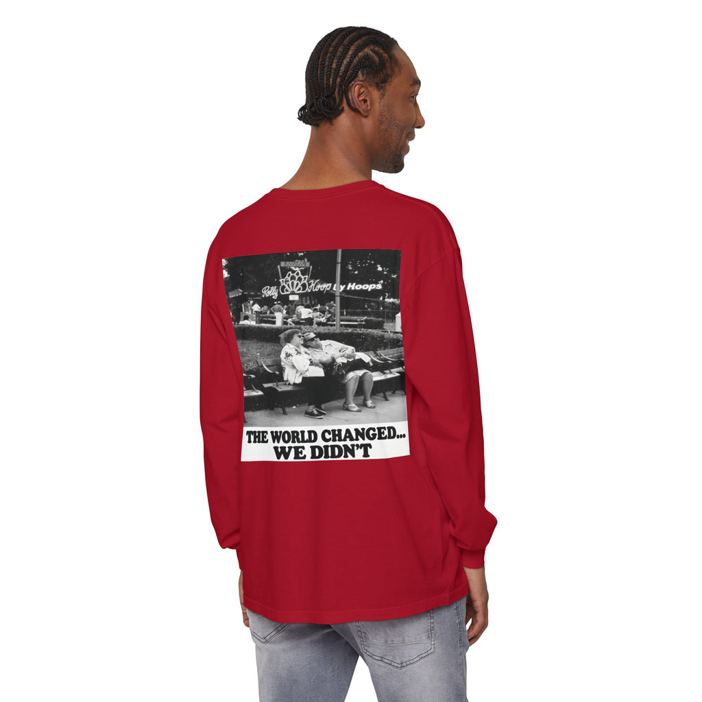Nostalgic Americana Old Woman Sitting on Bench Long Sleeve T-Shirt | Retro Humor