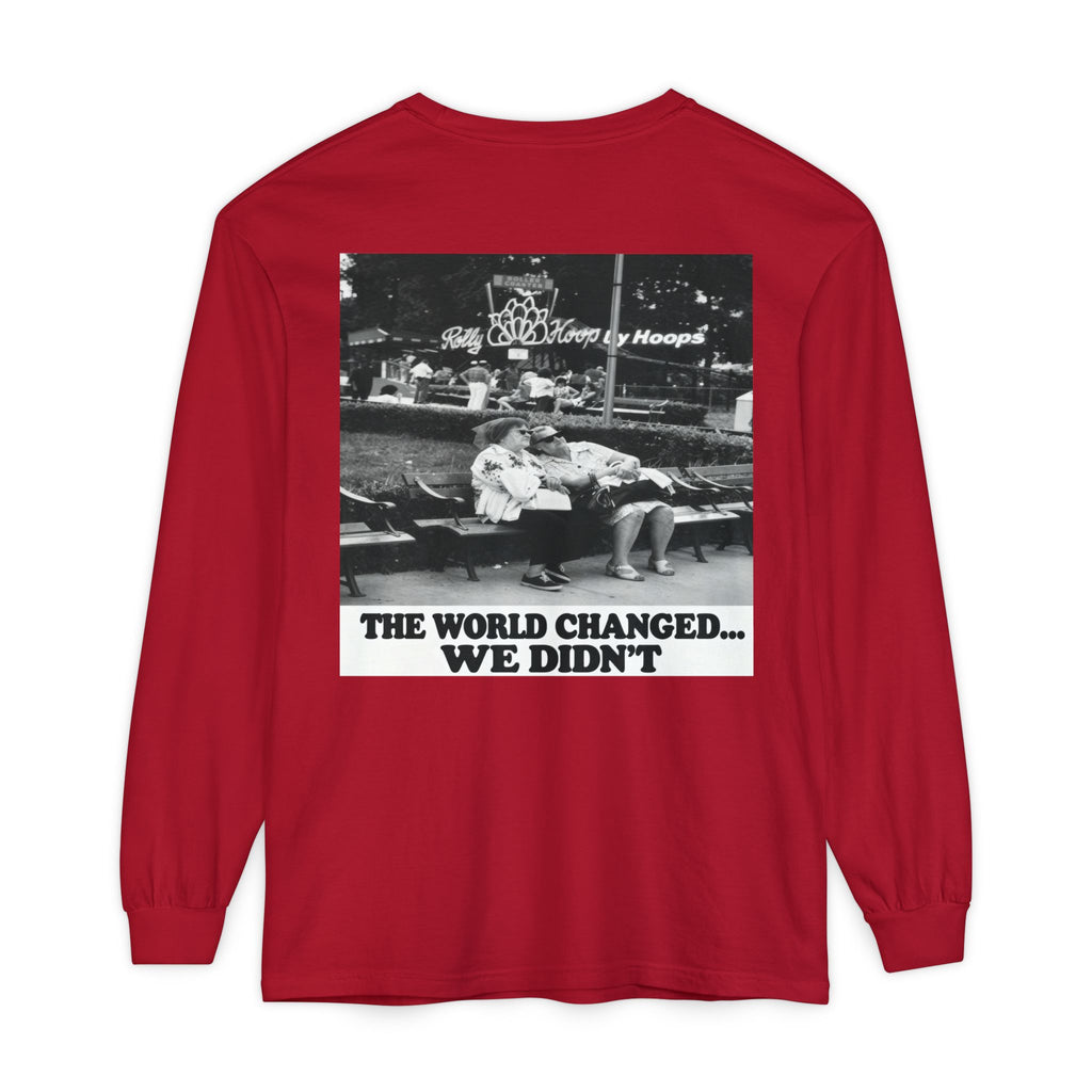 Nostalgic Americana Old Woman Sitting on Bench Long Sleeve T-Shirt | Retro Humor