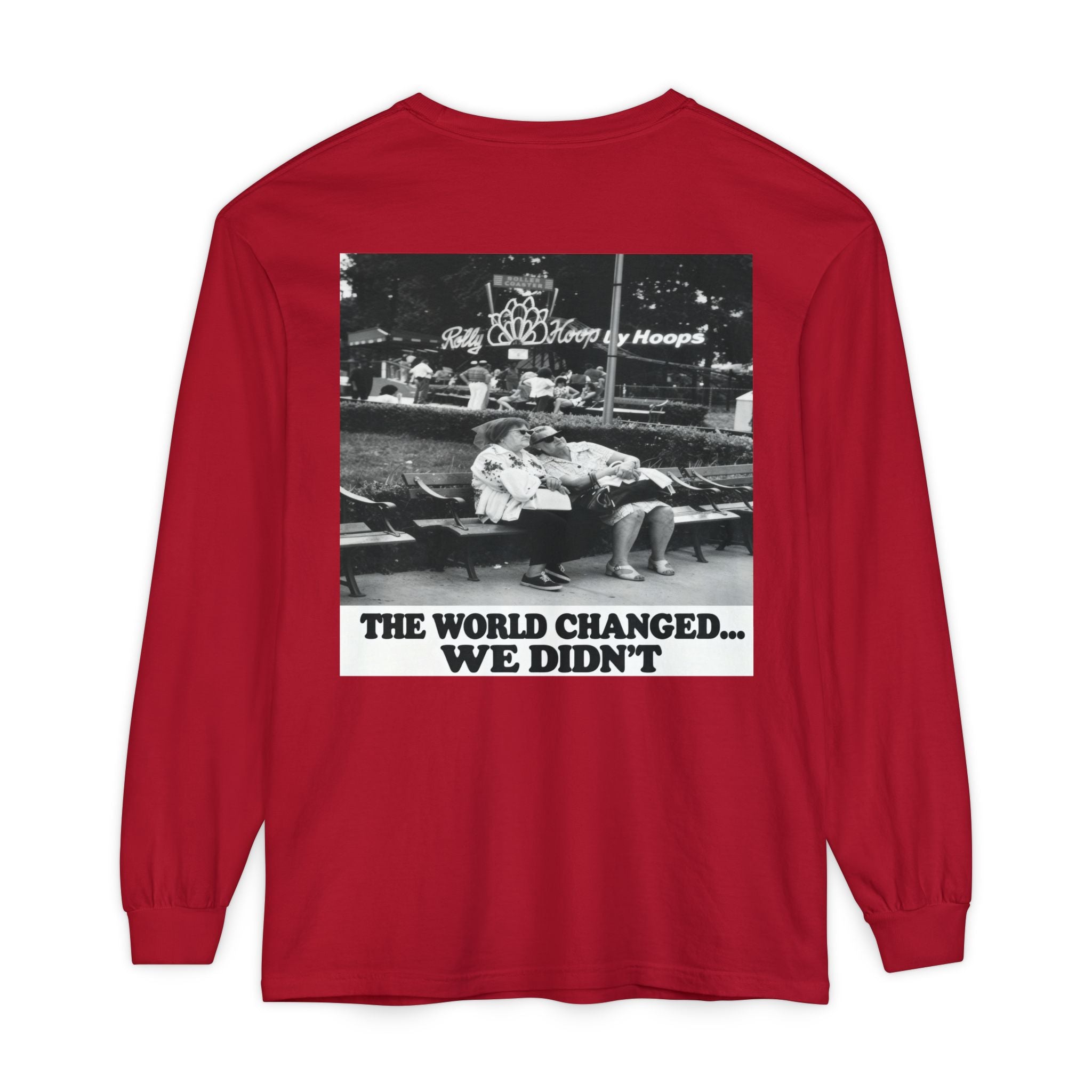 Nostalgic Americana Old Woman Sitting on Bench Long Sleeve T-Shirt | Retro Humor