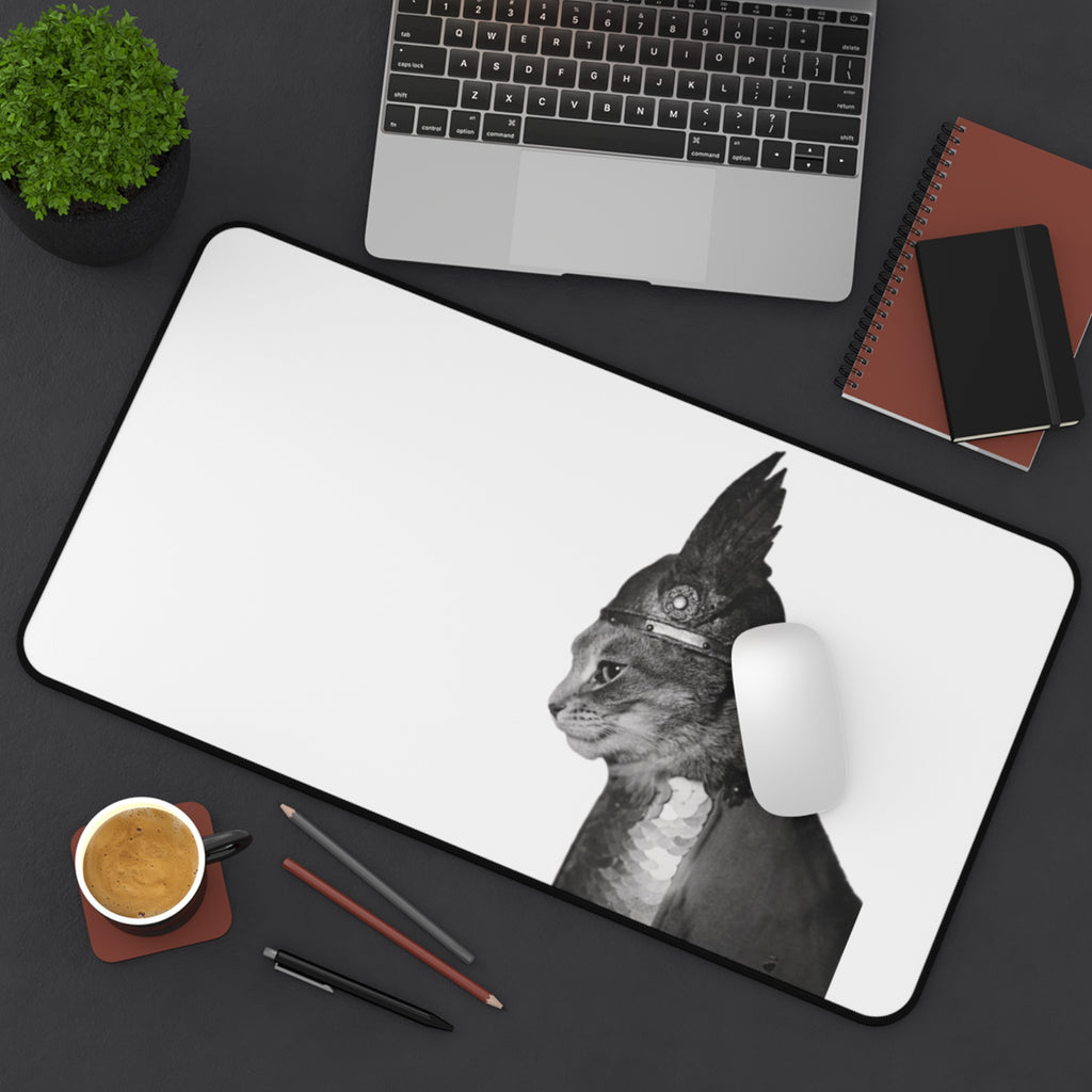 Steam Punk Monochrome  Cat Portrait Desk Mat | Antique Style Cat Illustration | cat with gladiator hat | industrial minimalism | cat dad