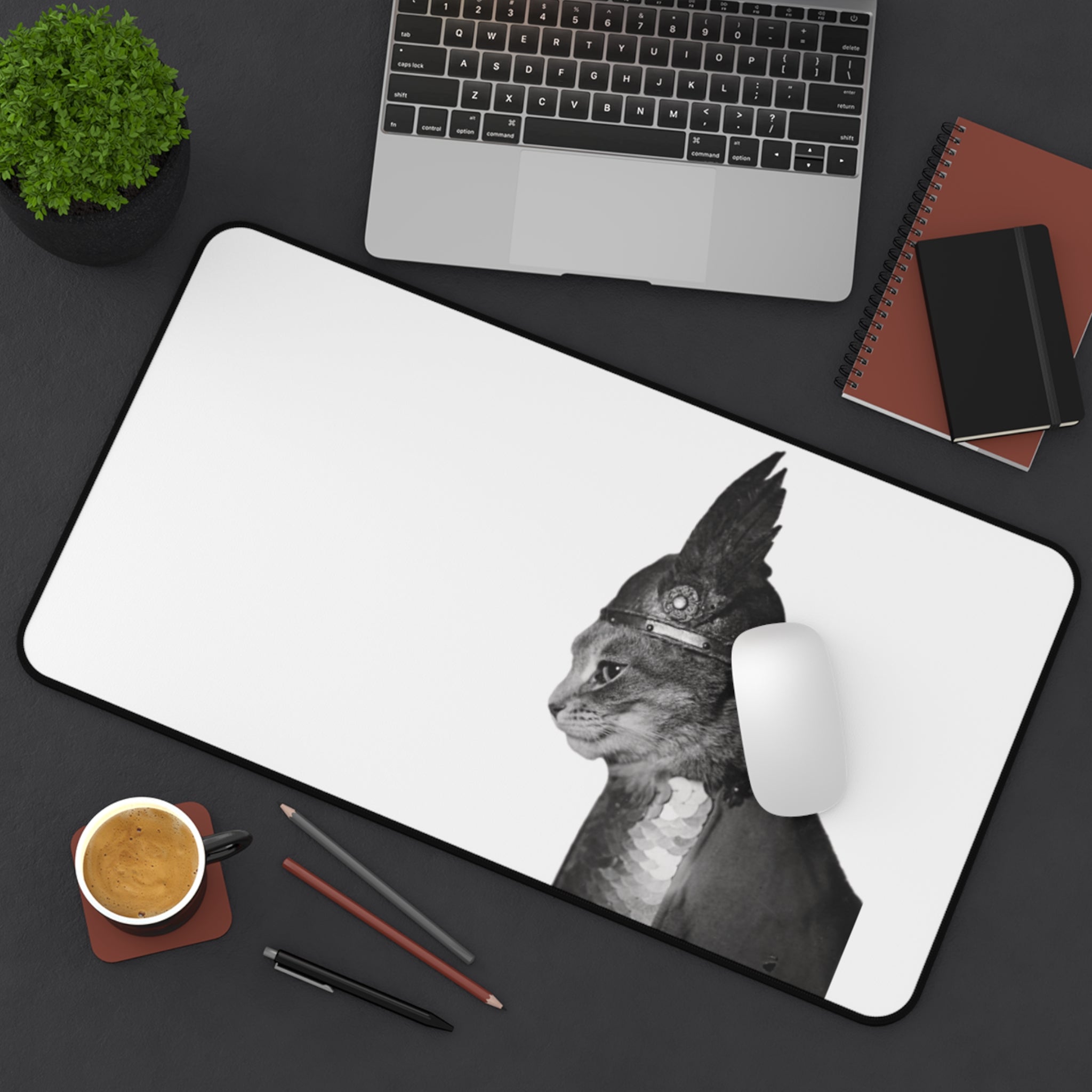 Steam Punk Monochrome  Cat Portrait Desk Mat | Antique Style Cat Illustration | cat with gladiator hat | industrial minimalism | cat dad
