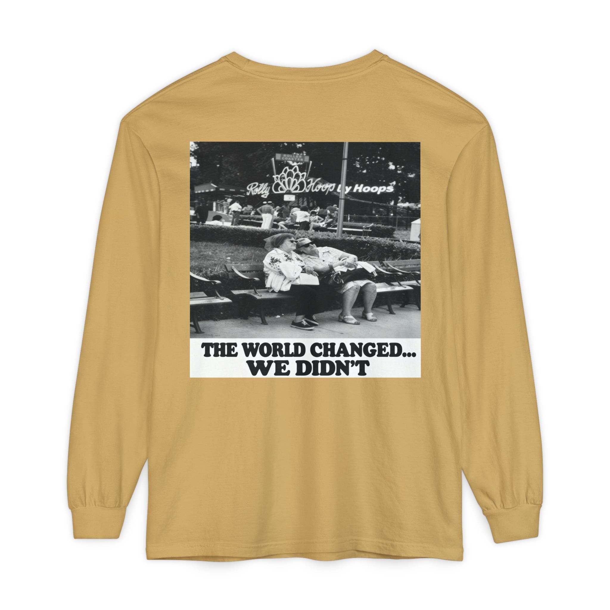 Nostalgic Americana Old Woman Sitting on Bench Long Sleeve T-Shirt | Retro Humor