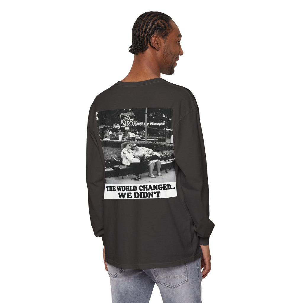 Nostalgic Americana Old Woman Sitting on Bench Long Sleeve T-Shirt | Retro Humor