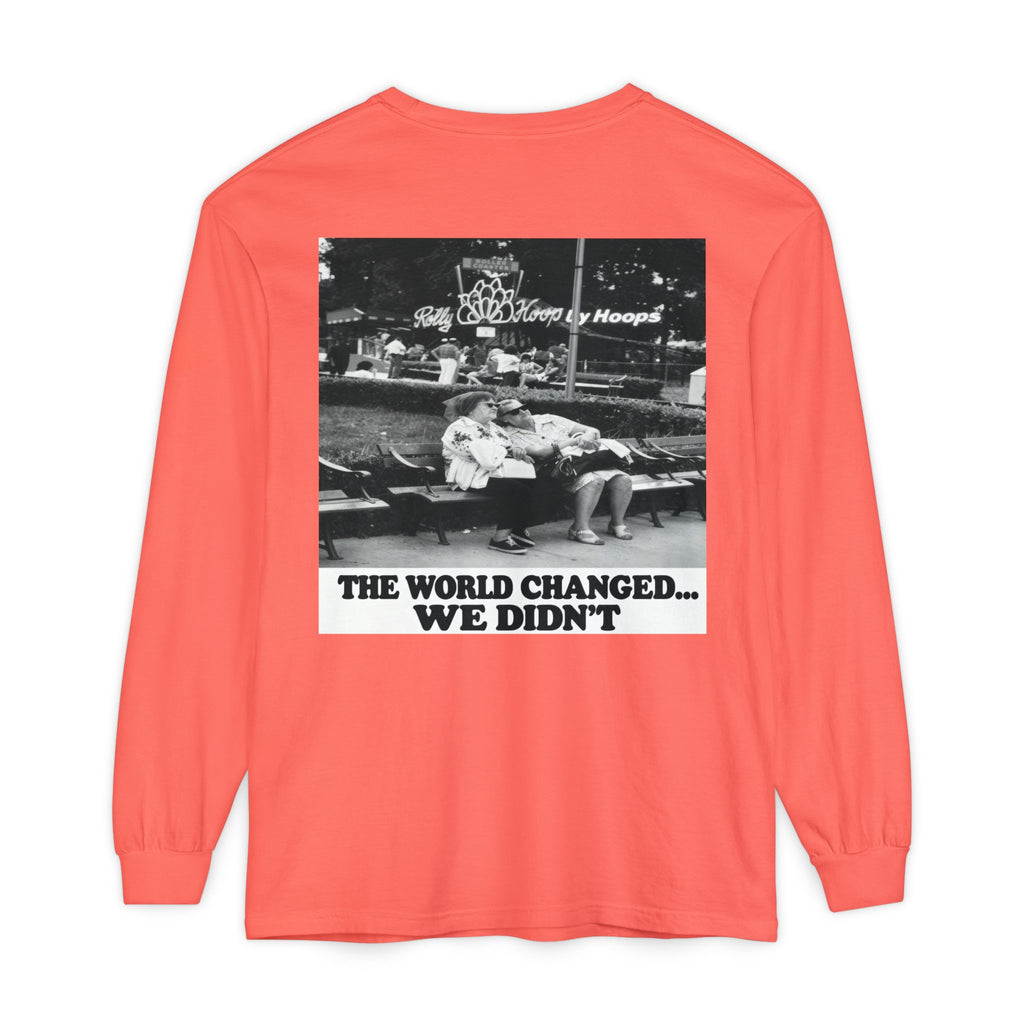 Nostalgic Americana Old Woman Sitting on Bench Long Sleeve T-Shirt | Retro Humor