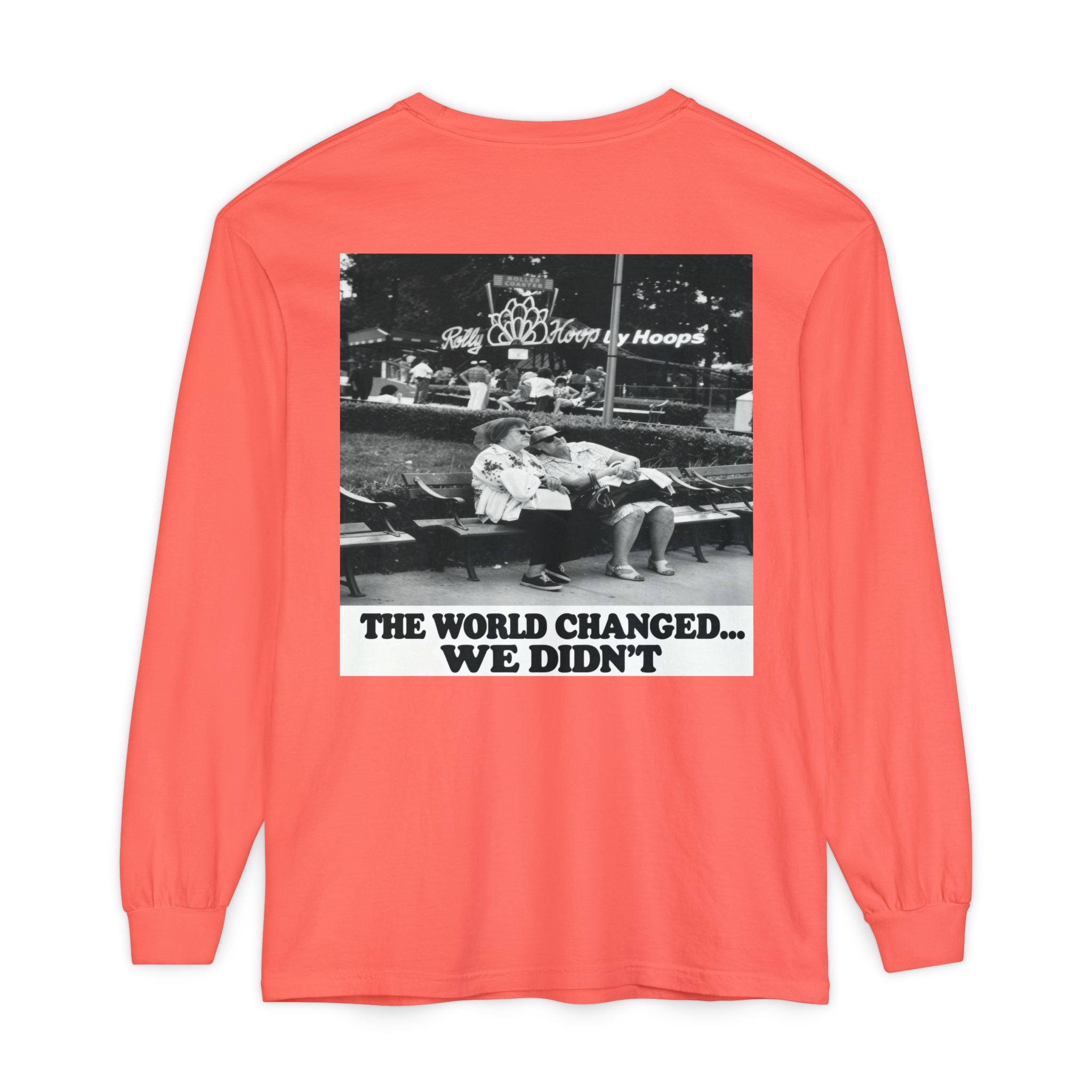 Nostalgic Americana Old Woman Sitting on Bench Long Sleeve T-Shirt | Retro Humor