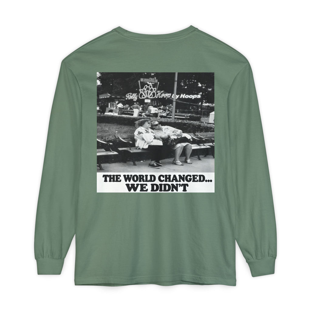 Nostalgic Americana Old Woman Sitting on Bench Long Sleeve T-Shirt | Retro Humor