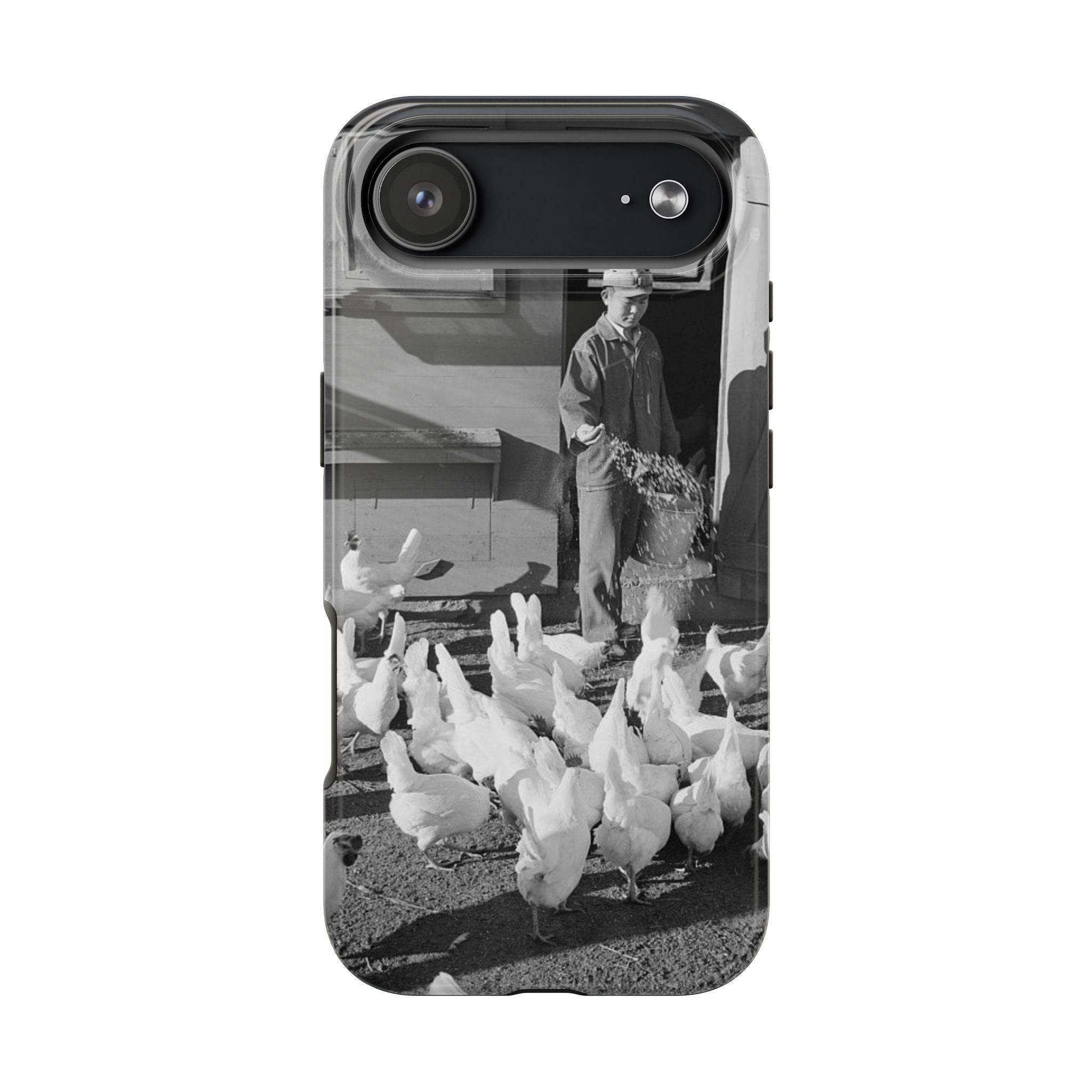 Ansel Adams  iBlack White image Farmer Feeding Chickens Phone Case | Vintage Farm Photo Tough Case | iphone 17 16 15