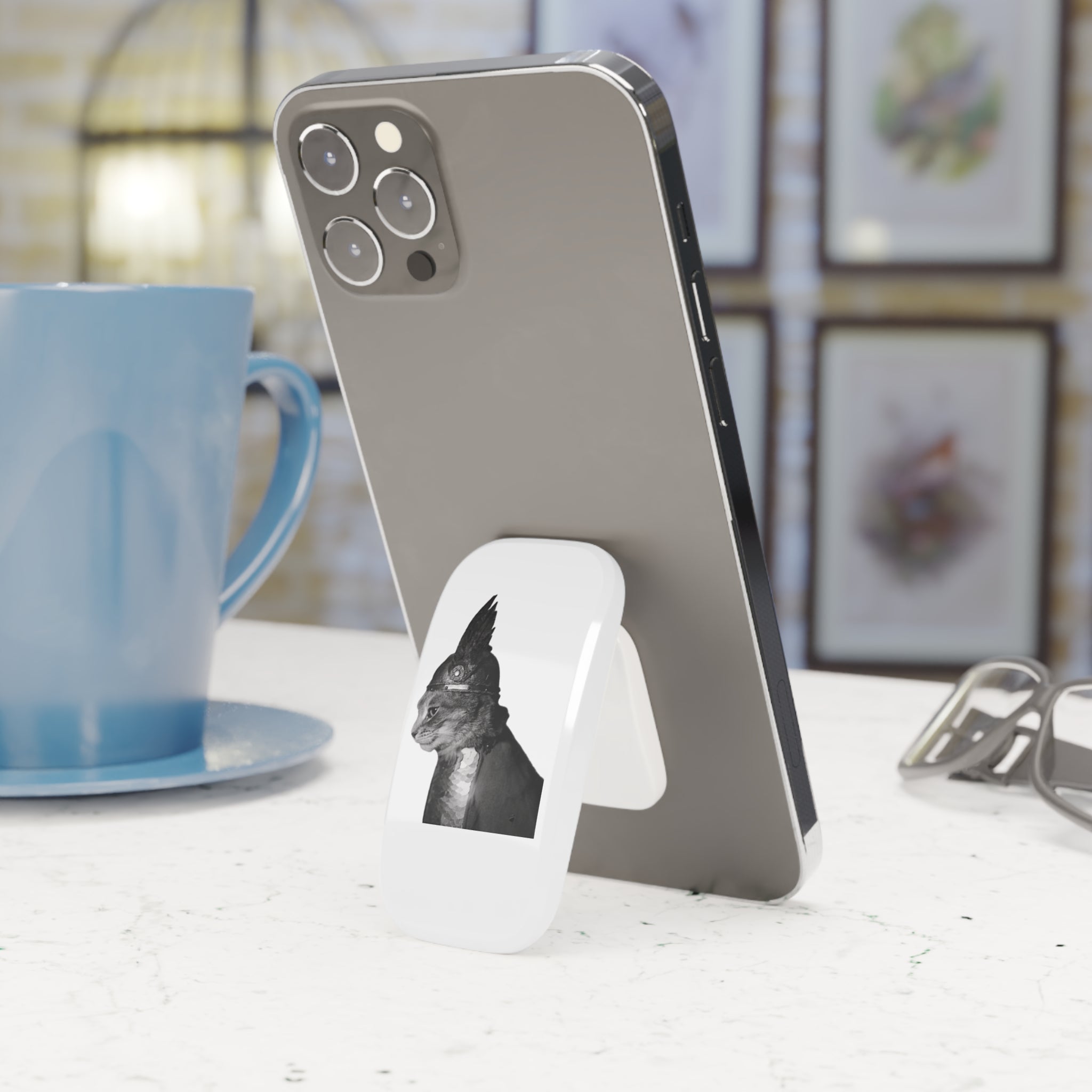 Monochrome Gladiator cat with helmet  Punk Cat Phone Grip | Black White Illustration | minimalism | cat mom dad gift | Industrial decor