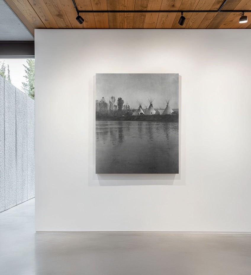 Native American Teepee Camp by River | Historic Black & White Photograph | Museum Quality Giclée Wall Art | Western History Decor