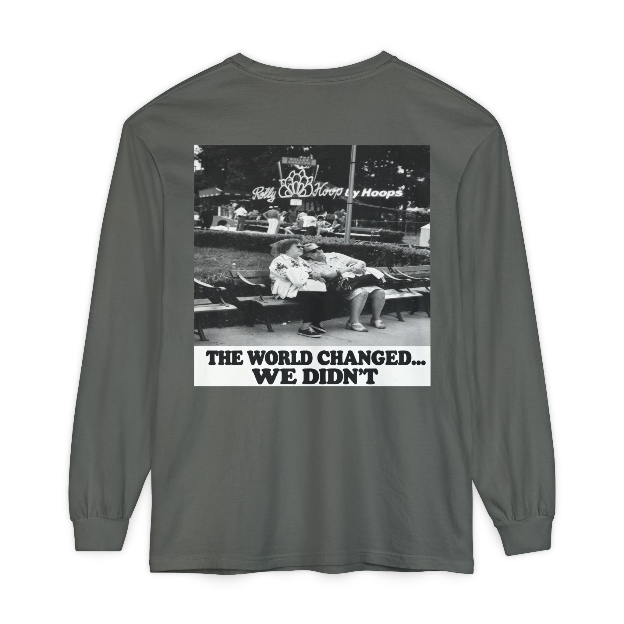 Nostalgic Americana Old Woman Sitting on Bench Long Sleeve T-Shirt | Retro Humor