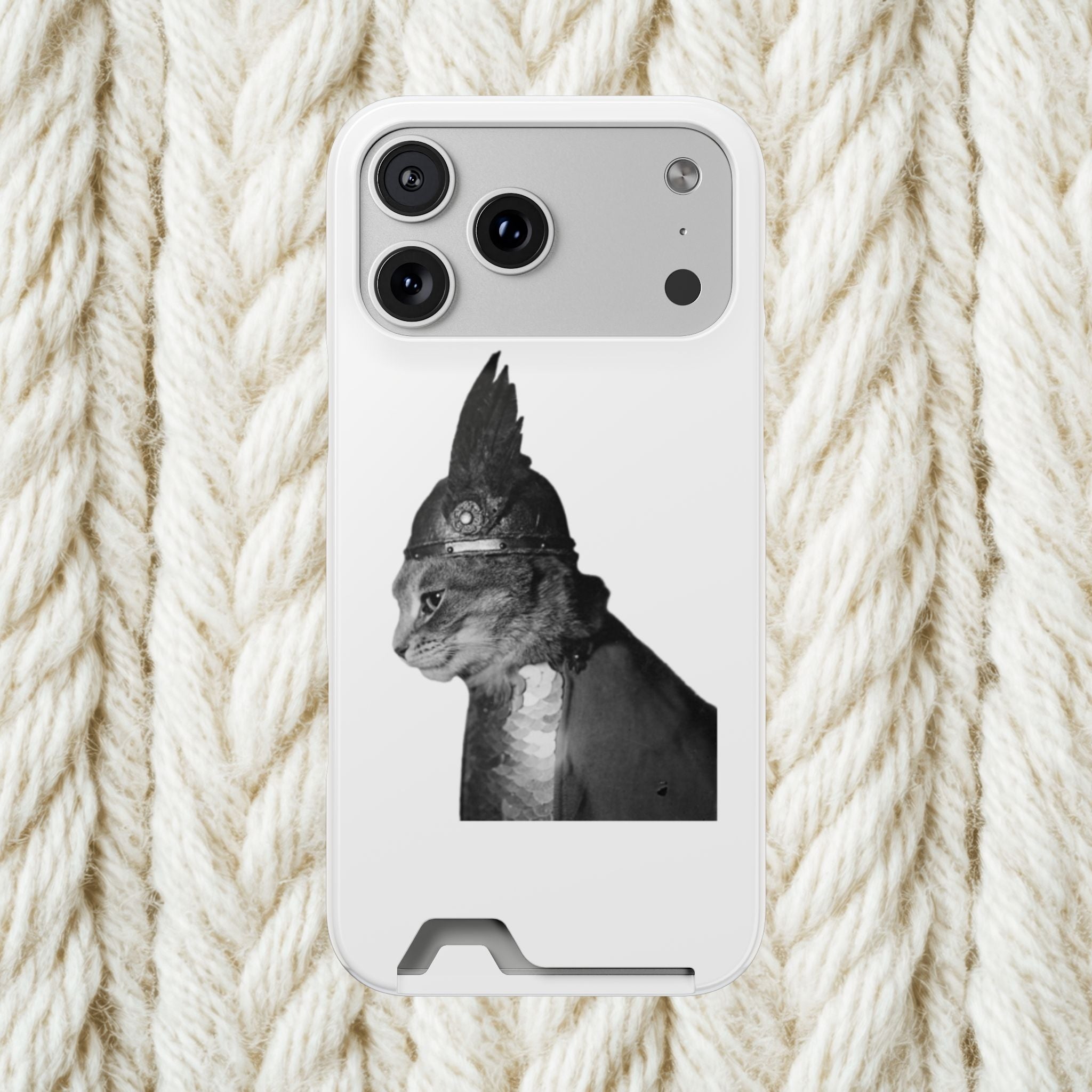 Monochrome Steampunk Cat Portrait Phone Case with Card Holder | Retro Mechanical Feline | cat gladiator helmet | cat mom dad | minimalism
