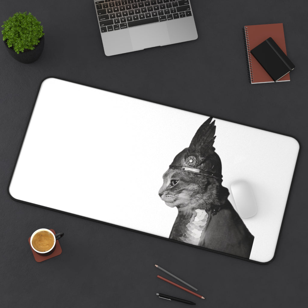 Steam Punk Monochrome  Cat Portrait Desk Mat | Antique Style Cat Illustration | cat with gladiator hat | industrial minimalism | cat dad
