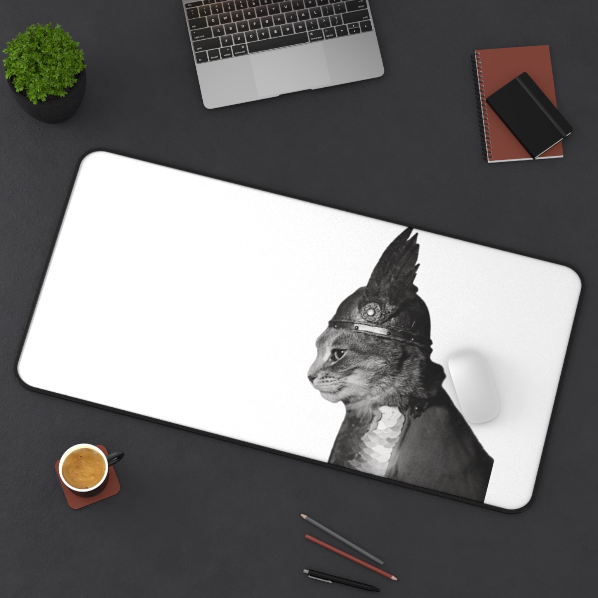 Steam Punk Monochrome  Cat Portrait Desk Mat | Antique Style Cat Illustration | cat with gladiator hat | industrial minimalism | cat dad