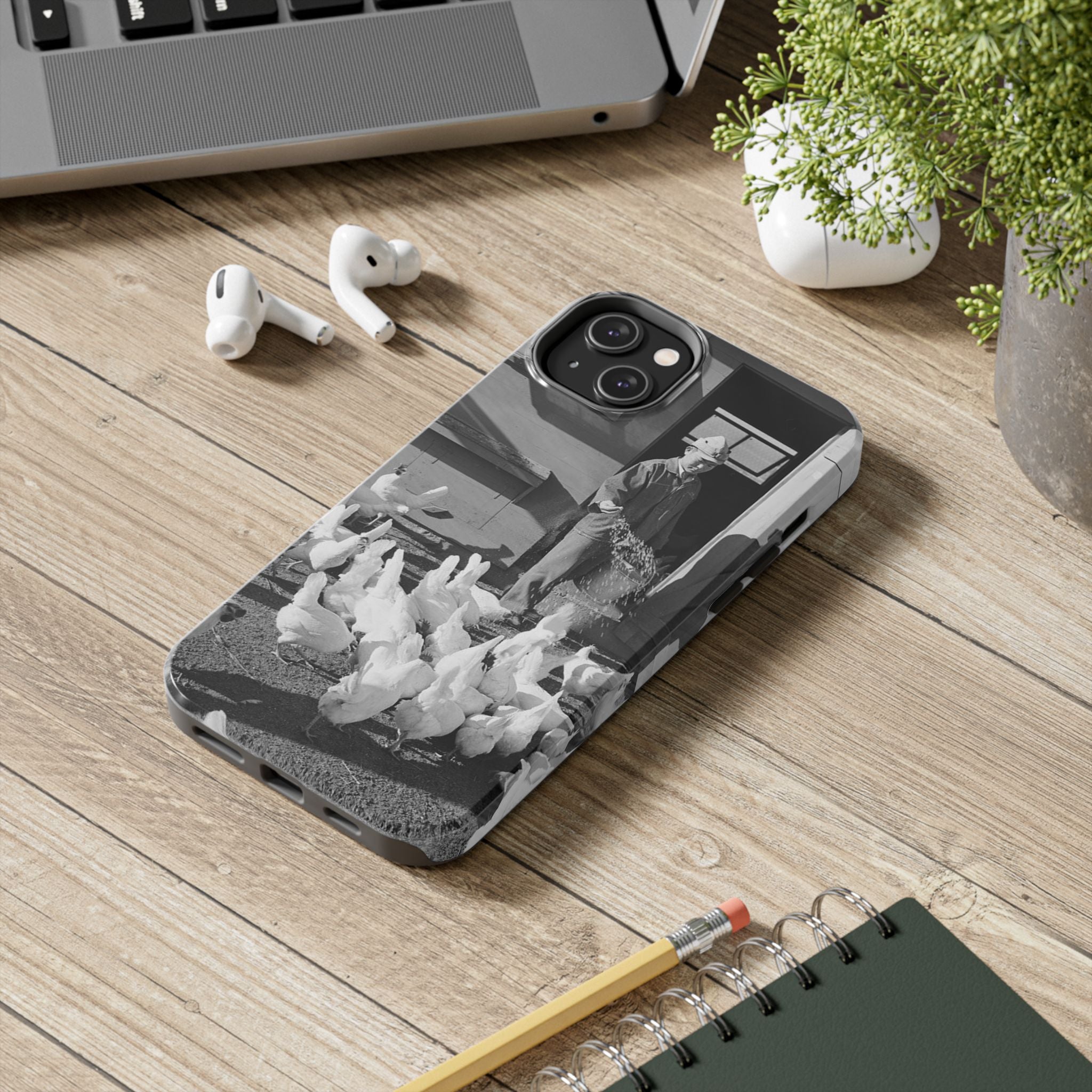 Ansel Adams  iBlack White image Farmer Feeding Chickens Phone Case | Vintage Farm Photo Tough Case | iphone 17 16 15