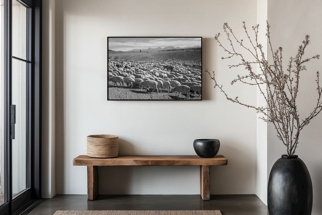 Ansel Adams Sheep Herd Landscape | Vintage Western Ranch Photography | Black & White Farm Scene | Rustic Western Wall Art