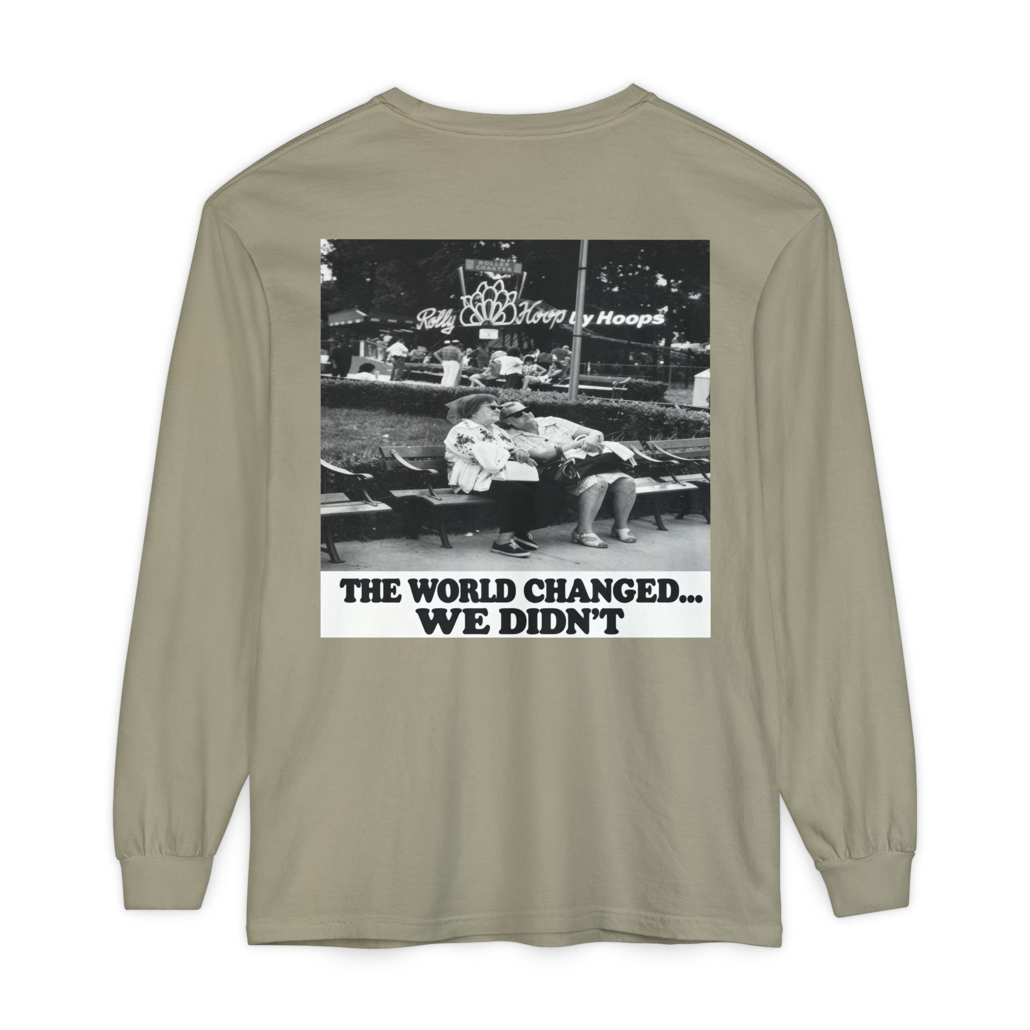 Nostalgic Americana Old Woman Sitting on Bench Long Sleeve T-Shirt | Retro Humor