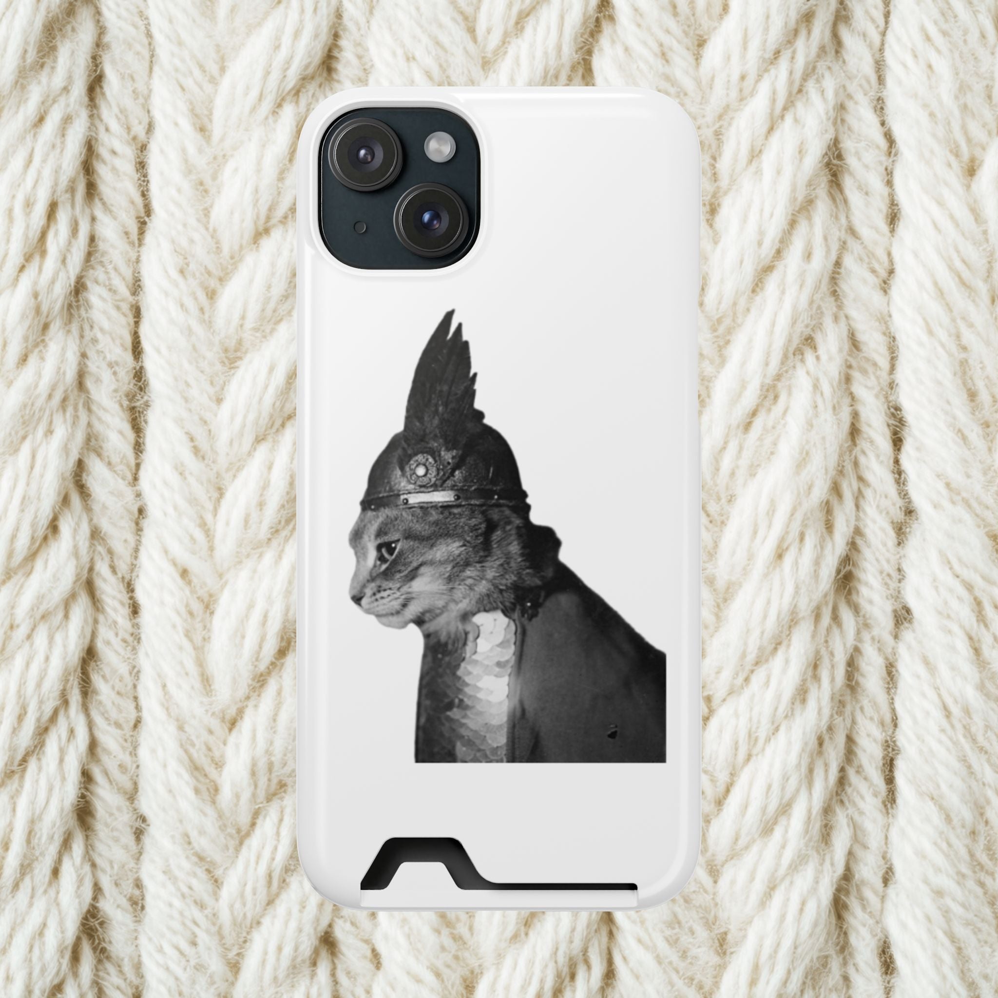 Monochrome Steampunk Cat Portrait Phone Case with Card Holder | Retro Mechanical Feline | cat gladiator helmet | cat mom dad | minimalism