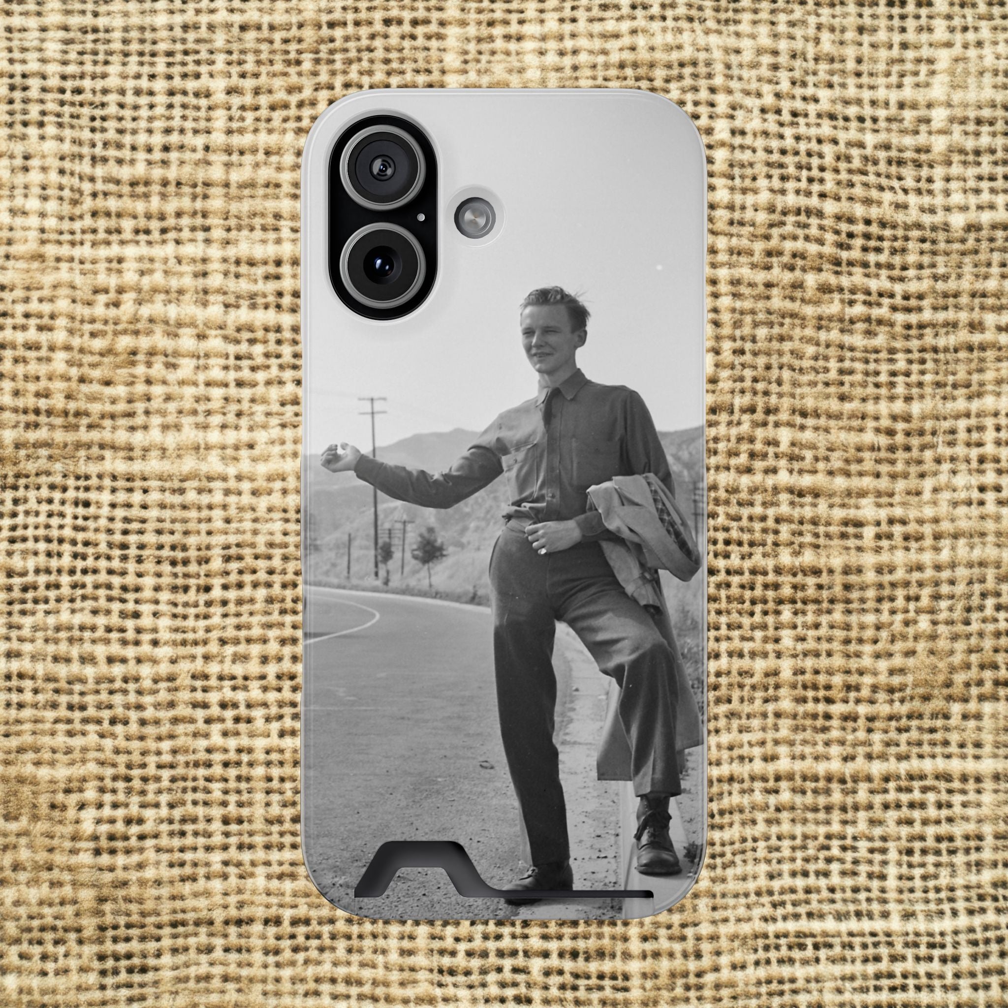 Vintage Hitchhiker Photo Phone Case with Card Holder | Retro Black and White Monochrome photo | masculine case for phone | gift for artist