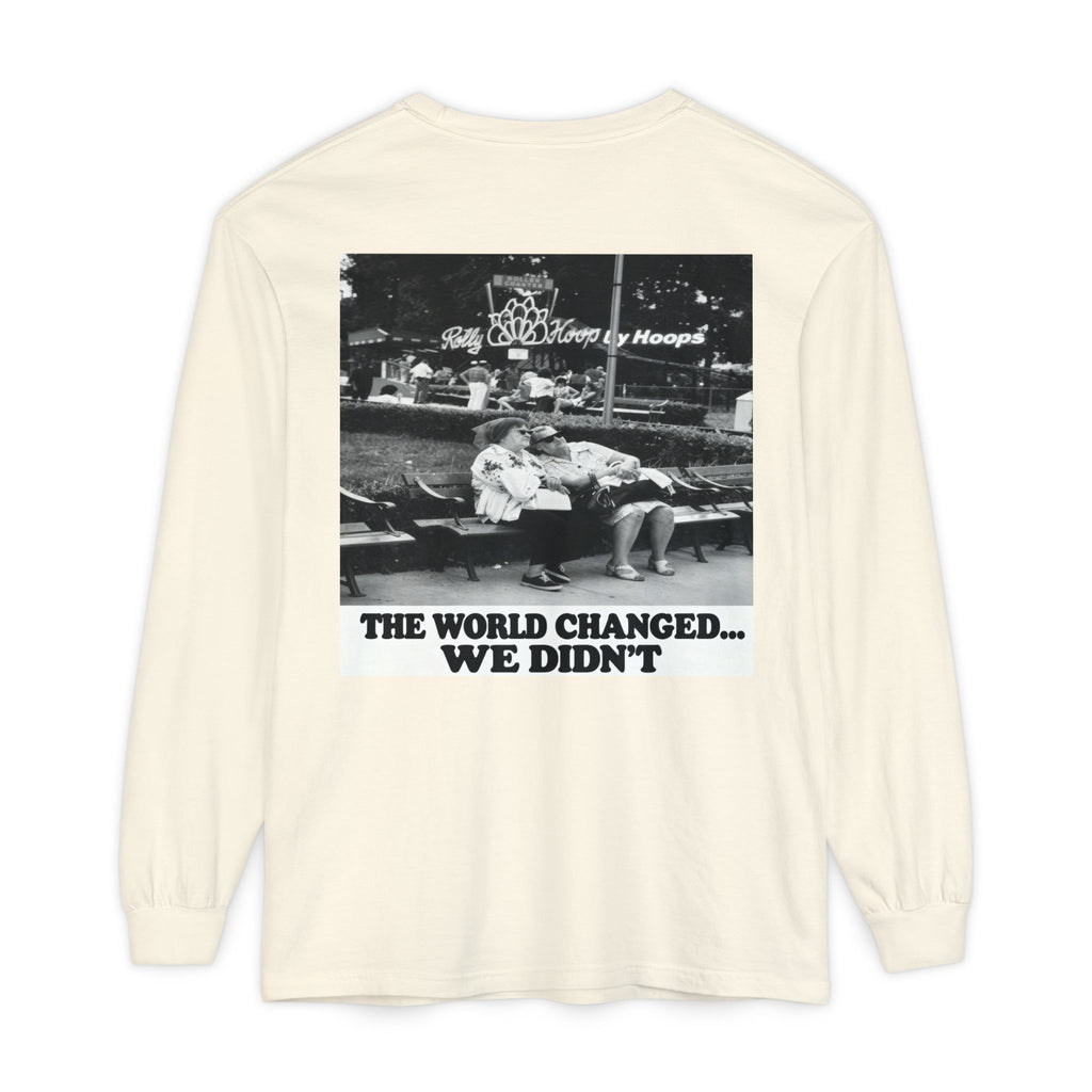 Nostalgic Americana Old Woman Sitting on Bench Long Sleeve T-Shirt | Retro Humor