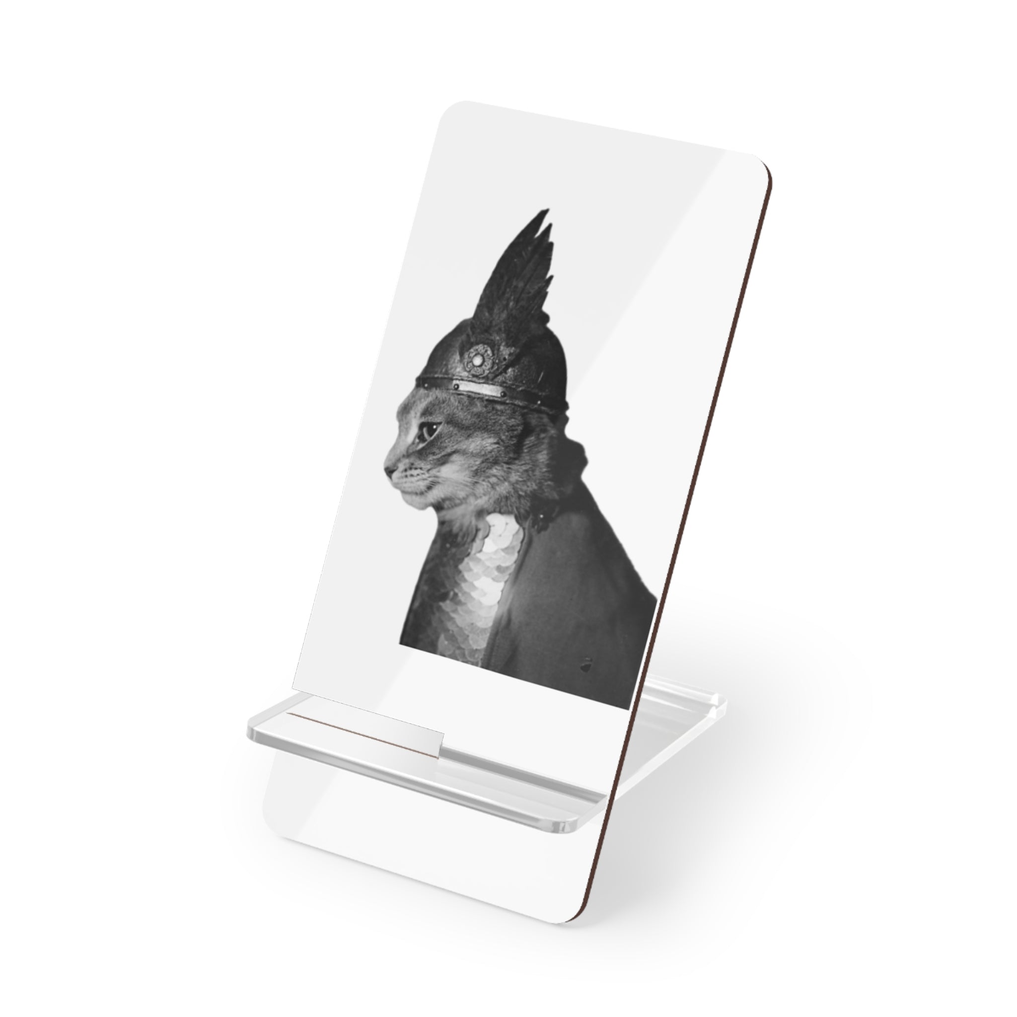Monochrome Victorian Knight Cat Mobile Display Stand for Smartphones | Acrylic Phone Holder | cat in gladiator helmet | cat mom dad gift