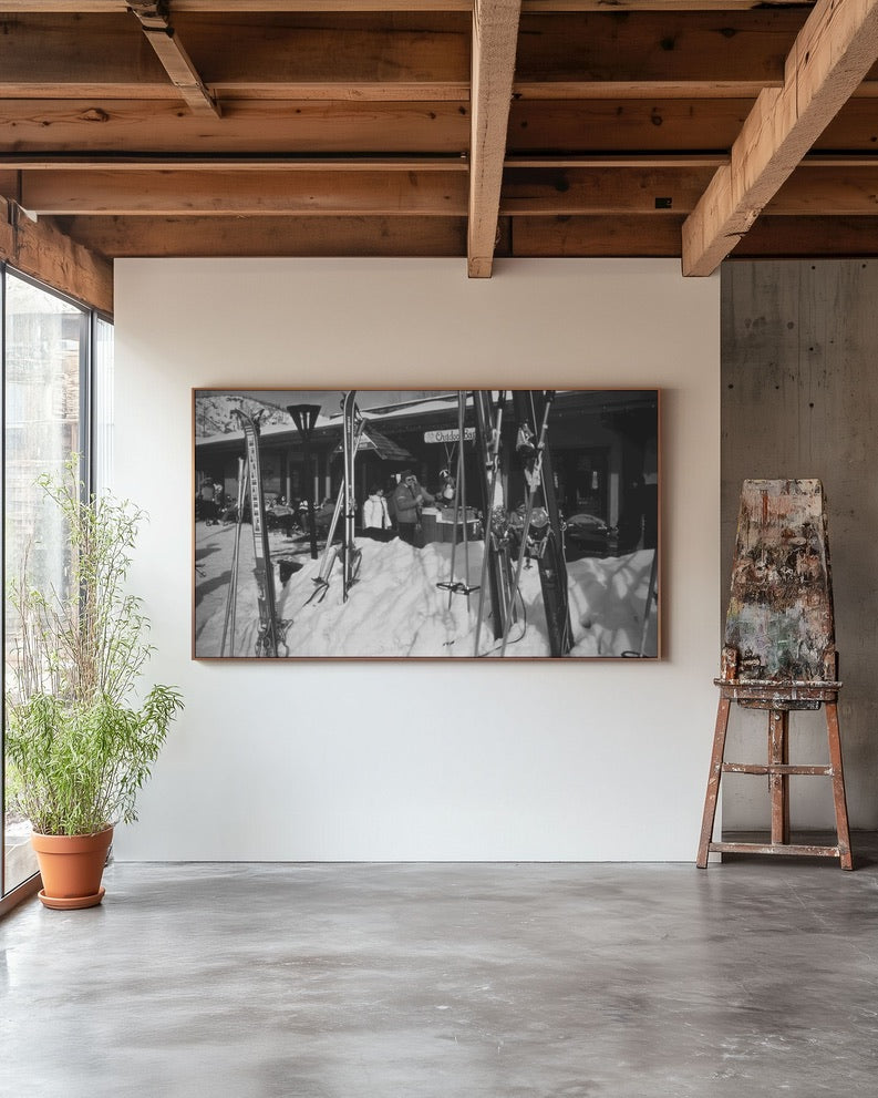 Vintage Aspen Ski Lodge Print – 1970s Colorado Ski Culture Photo – Black & White Winter Resort Wall Art – Rustic Cabin Decor