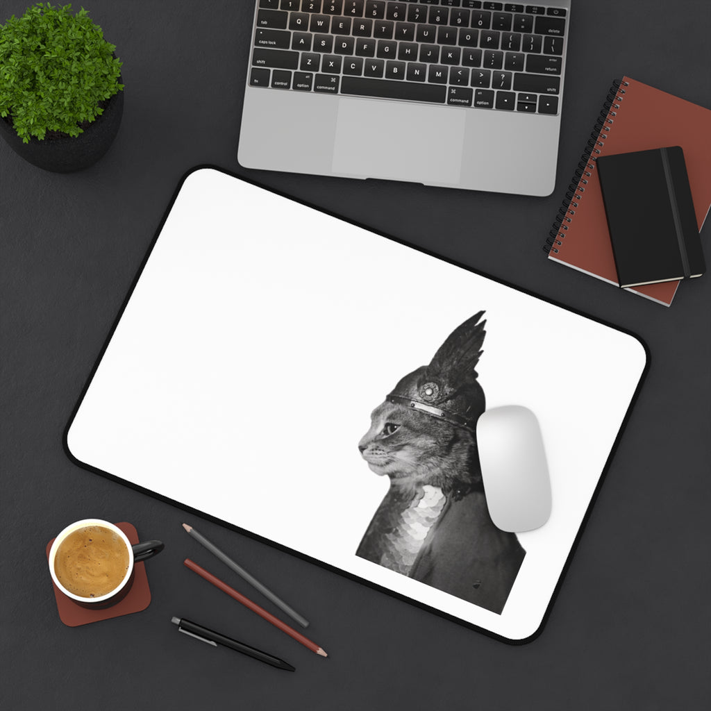 Steam Punk Monochrome  Cat Portrait Desk Mat | Antique Style Cat Illustration | cat with gladiator hat | industrial minimalism | cat dad